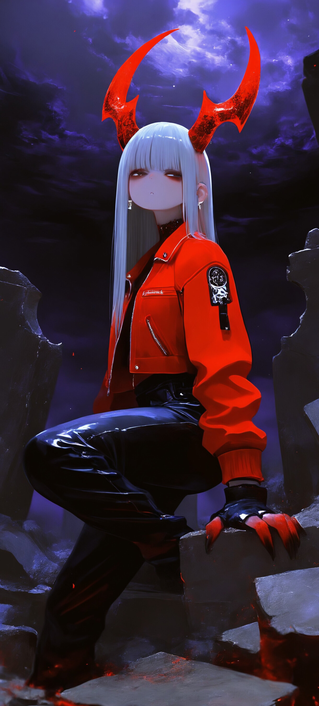 An anime-style illustration of a demon with long silver hair and large red horns, crouching amidst dark ruins. The character wears a bright red jacket, black pants, and has red, clawed hands and feet.
