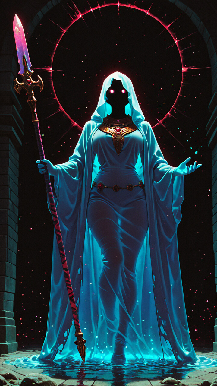 A tall, mysterious figure in a blue and red hooded robe stands in a dark stone archway, holding two large spears with glowing pink blades. Her face is obscured in shadow, with only a pair of glowing purple eyes visible, and a red, spiky halo floats above her head.