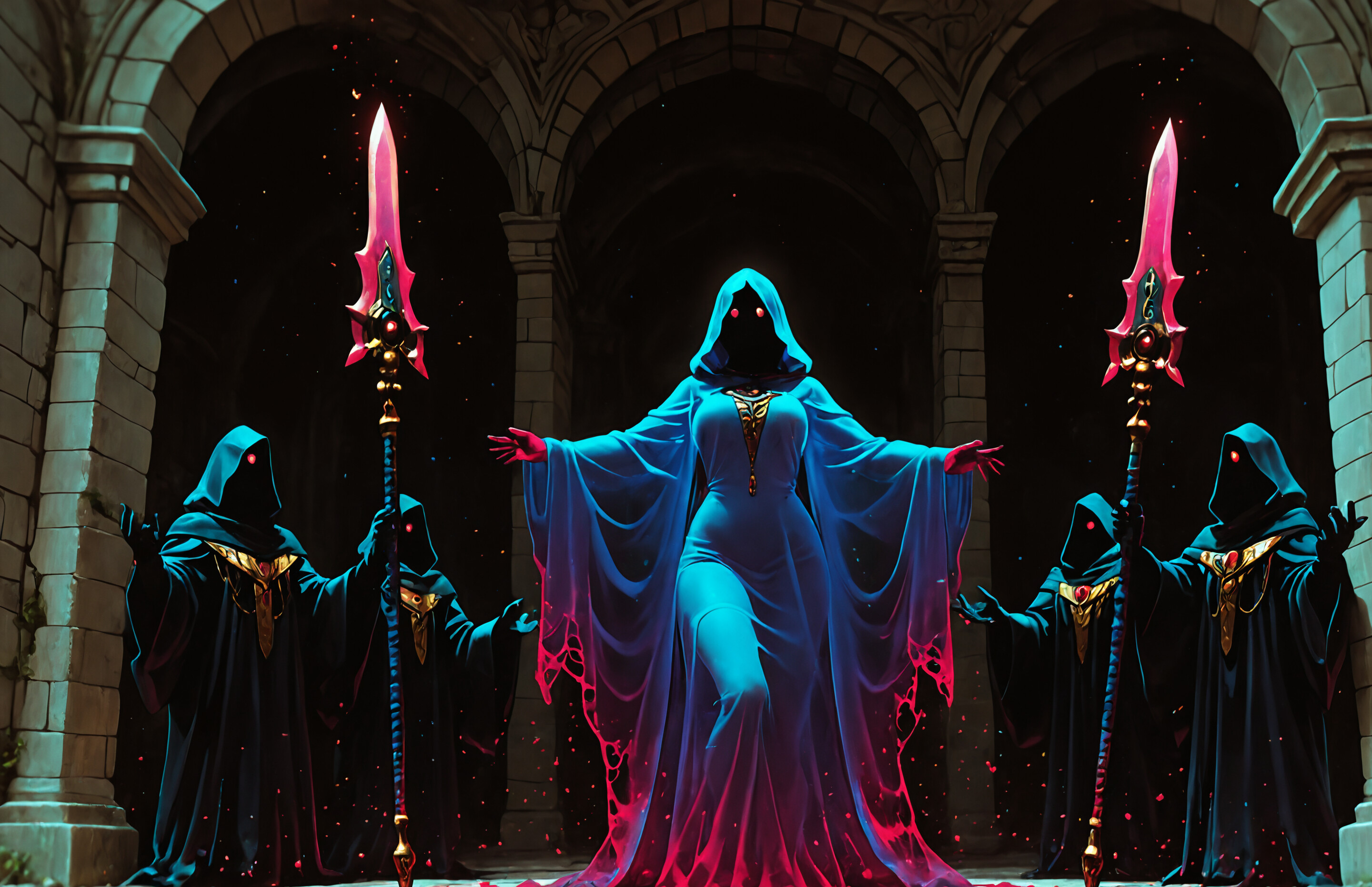 A tall, mysterious figure in a blue and red hooded robe stands in a dark stone archway, holding two large spears with glowing pink blades. Her face is obscured in shadow, with only a pair of glowing purple eyes visible, and a red, spiky halo floats above her head.