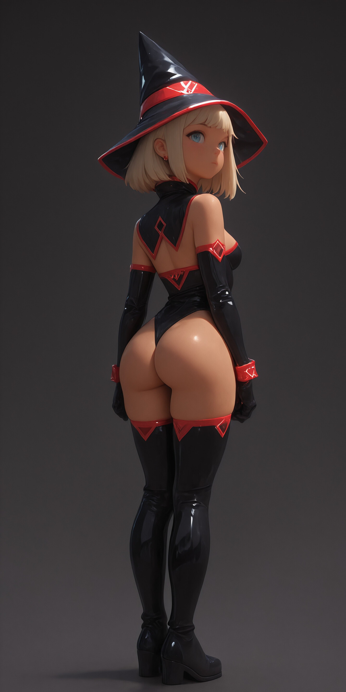 A full-length digital illustration of a young anime-style witch with short white hair and glowing red eyes. She wears a large black pointed hat, a black coat, and black boots, and holds a staff with a glowing red tip against a plain grey background.