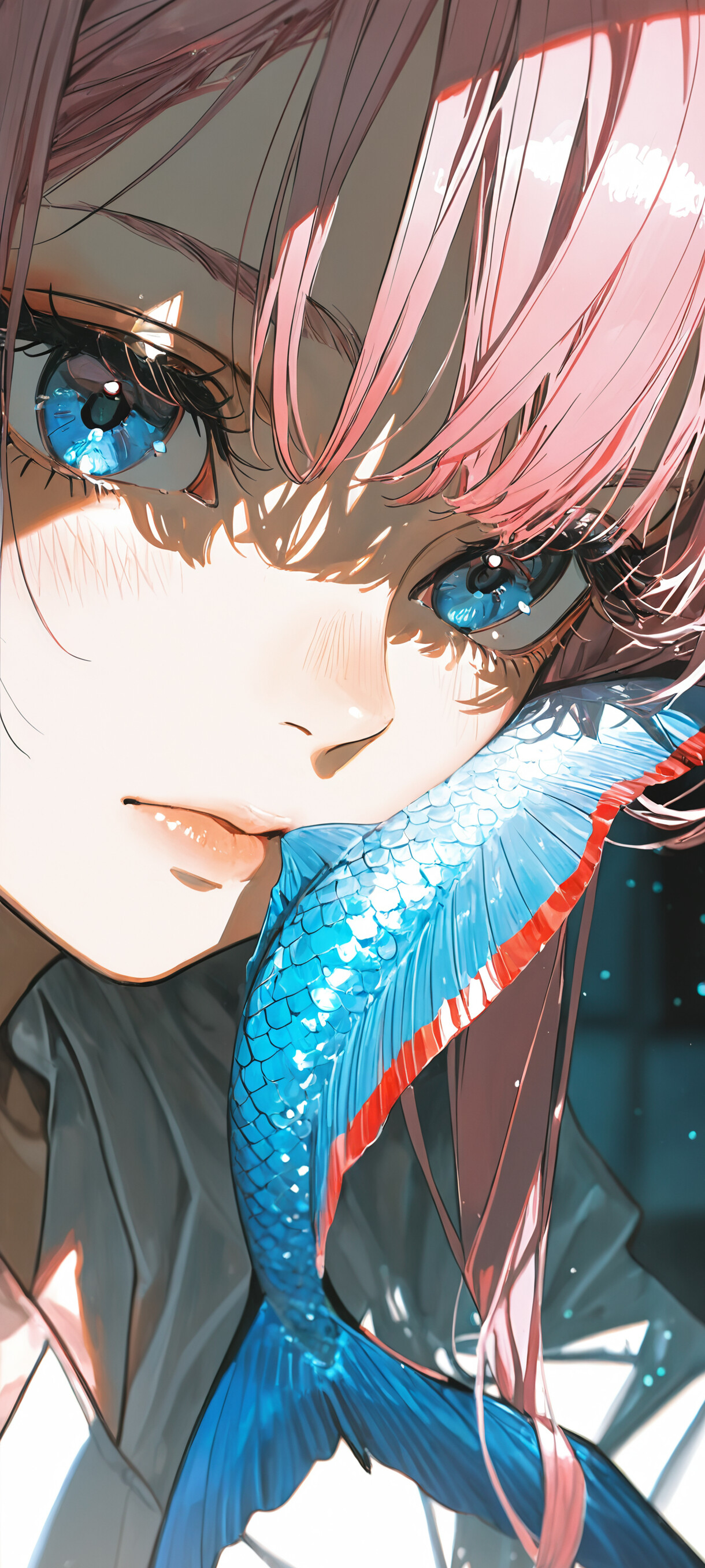 A detailed digital illustration of a young woman with long pink hair, bright blue eyes, and large red fish-like fins for ears, looking intently at the viewer.