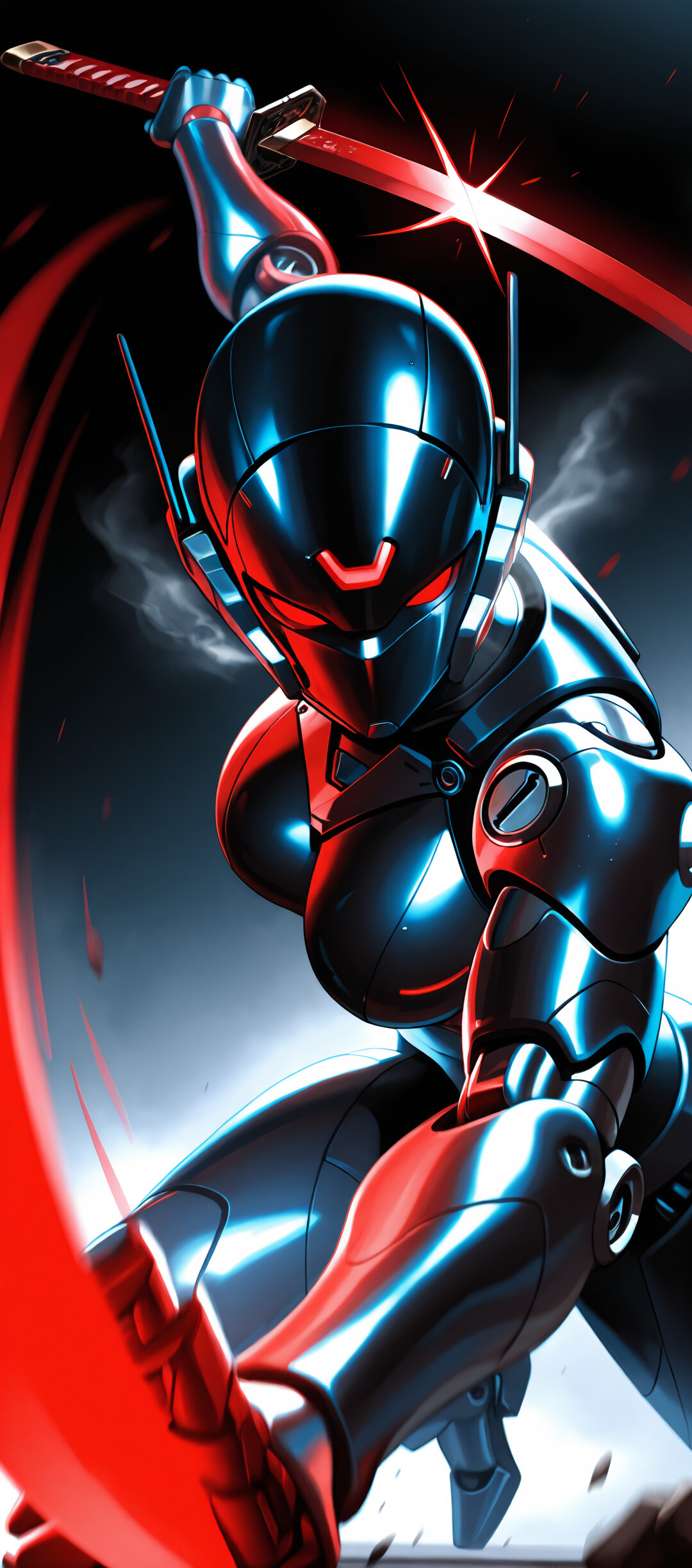 An anime-style female cyborg in dark futuristic armor with glowing red eyes and accents, lunging forward while swinging a bright red energy katana.