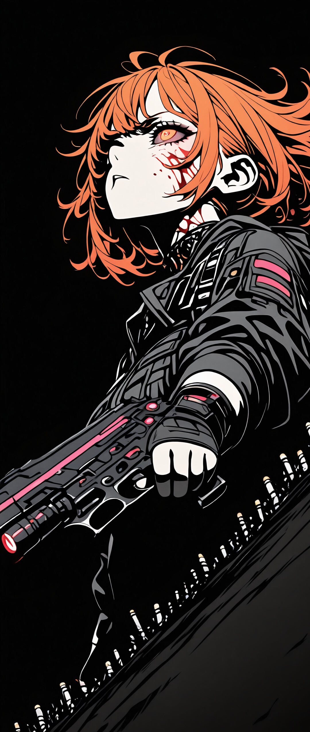 A dramatic low-angle illustration of an anime girl with messy orange hair and glowing red eyes aiming a large pistol. She has blood on her face and is wearing a detailed black jacket against a black background.