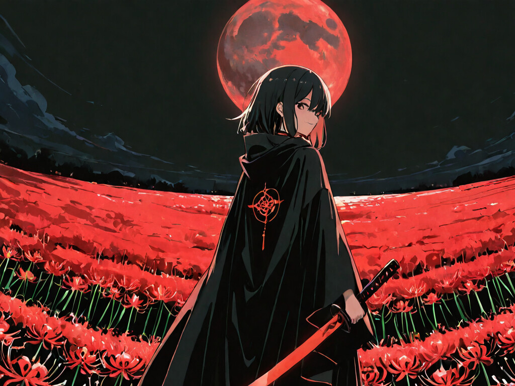 An anime girl with black hair and a black cloak holds a red katana while standing in a field of red spider lilies under a large, red, ring-shaped moon.