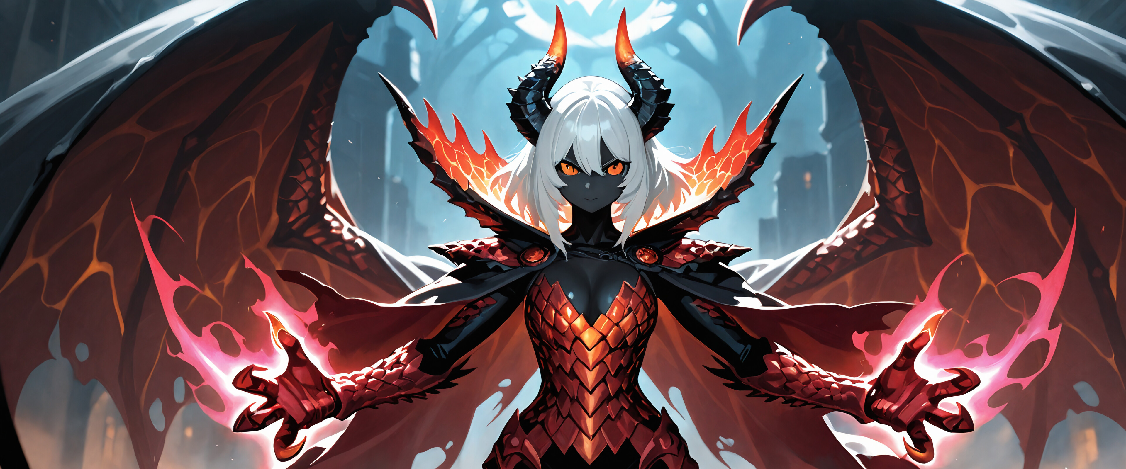A powerful female demon with white hair, dark skin, and glowing orange eyes. She wears detailed red and black scale armor, a black cloak, and has large, bat-like wings with a fiery red pattern.