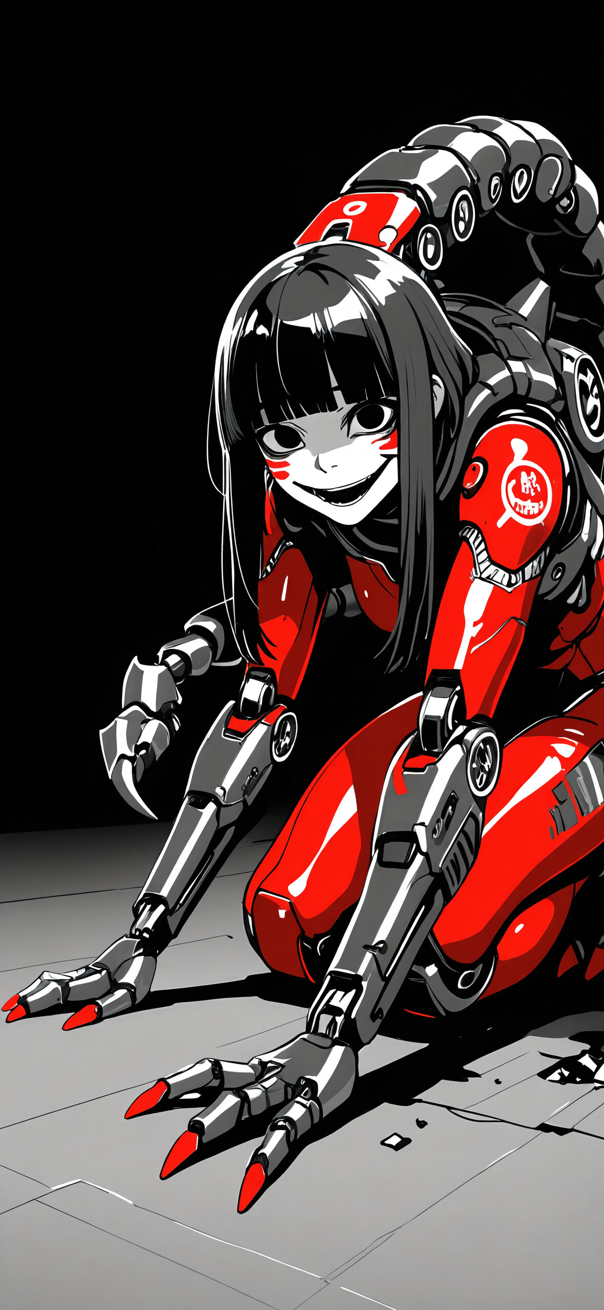 An anime-style female cyborg in red and black scorpion-themed armor, crouching on the ground with a menacing smile, red eyes, and a large mechanical tail.