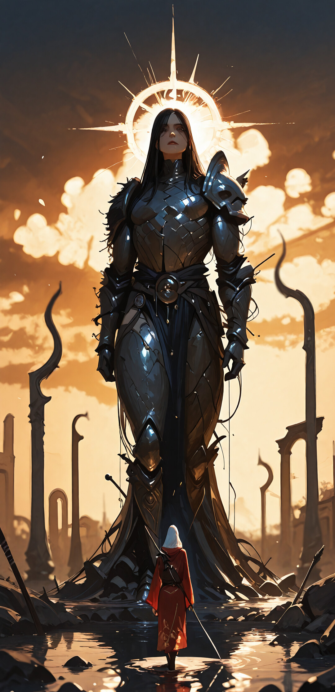 A fantasy warrior in a red hooded robe and black armor walks through the shallow waters of a flooded, ancient city street at sunset, flanked by large stone statues.