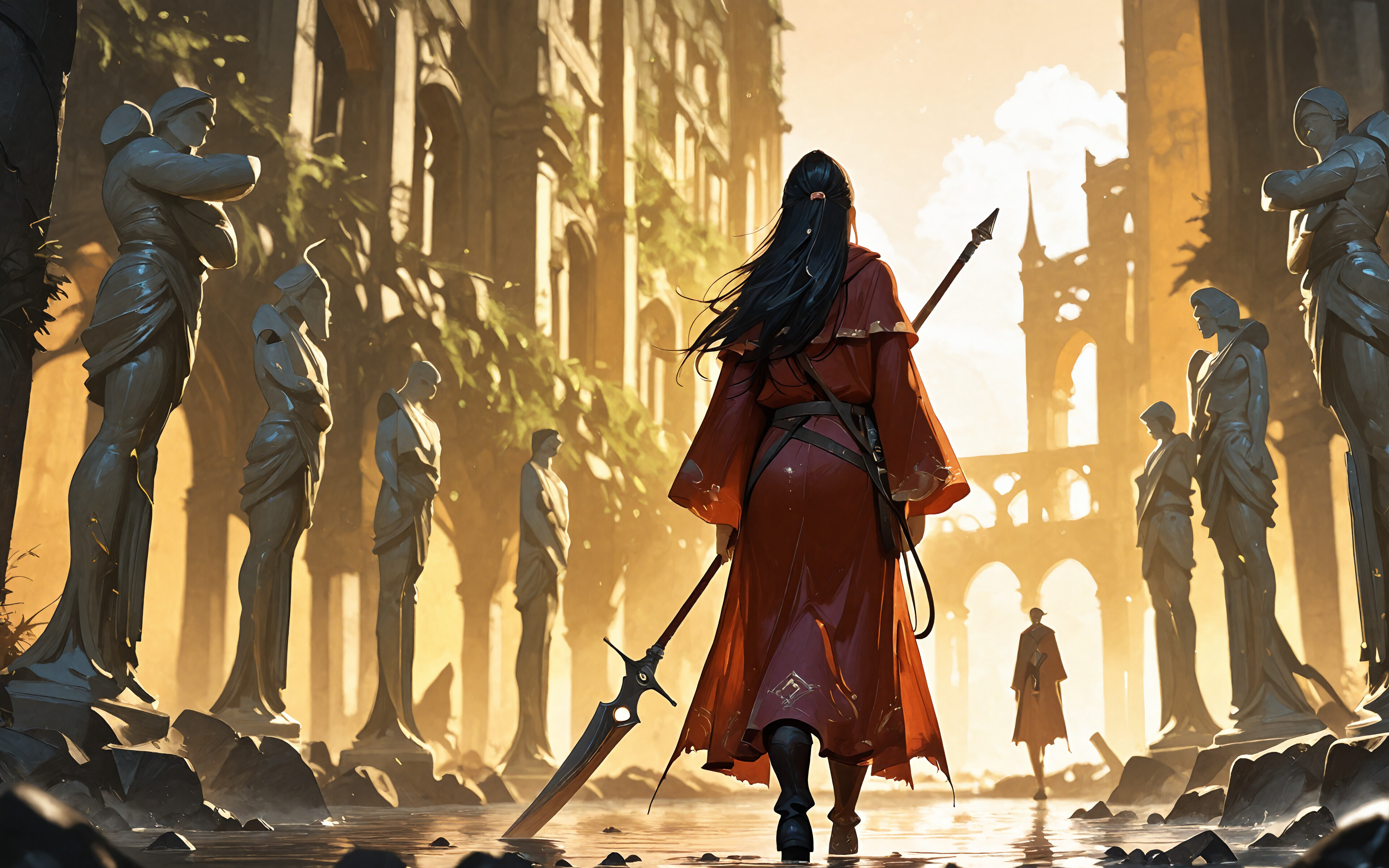 A fantasy warrior in a red hooded robe and black armor walks through the shallow waters of a flooded, ancient city street at sunset, flanked by large stone statues.