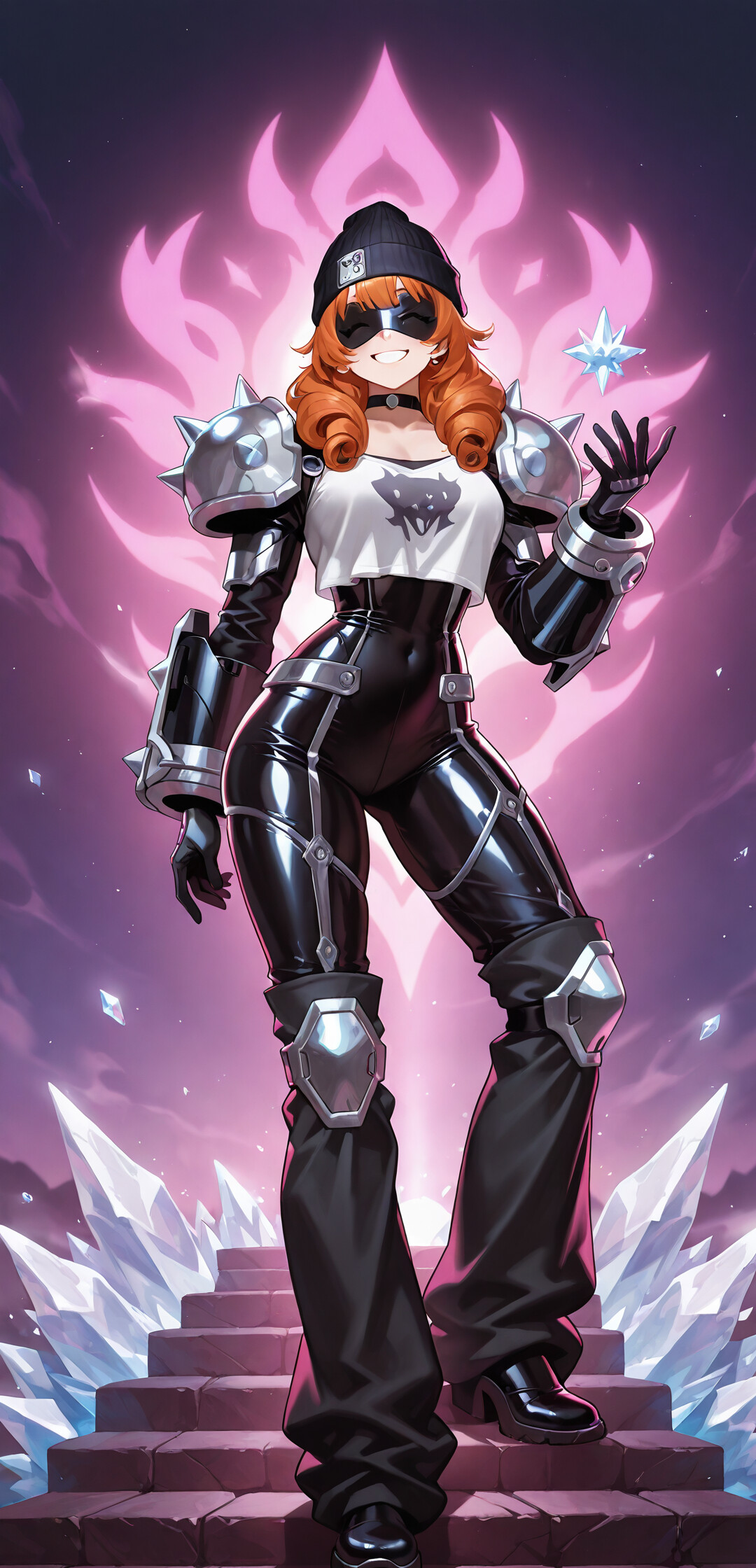 An anime-style girl with curly orange hair and bright blue eyes, wearing a black beanie, a futuristic respirator mask, and a shiny black bodysuit underneath a white tunic top.
