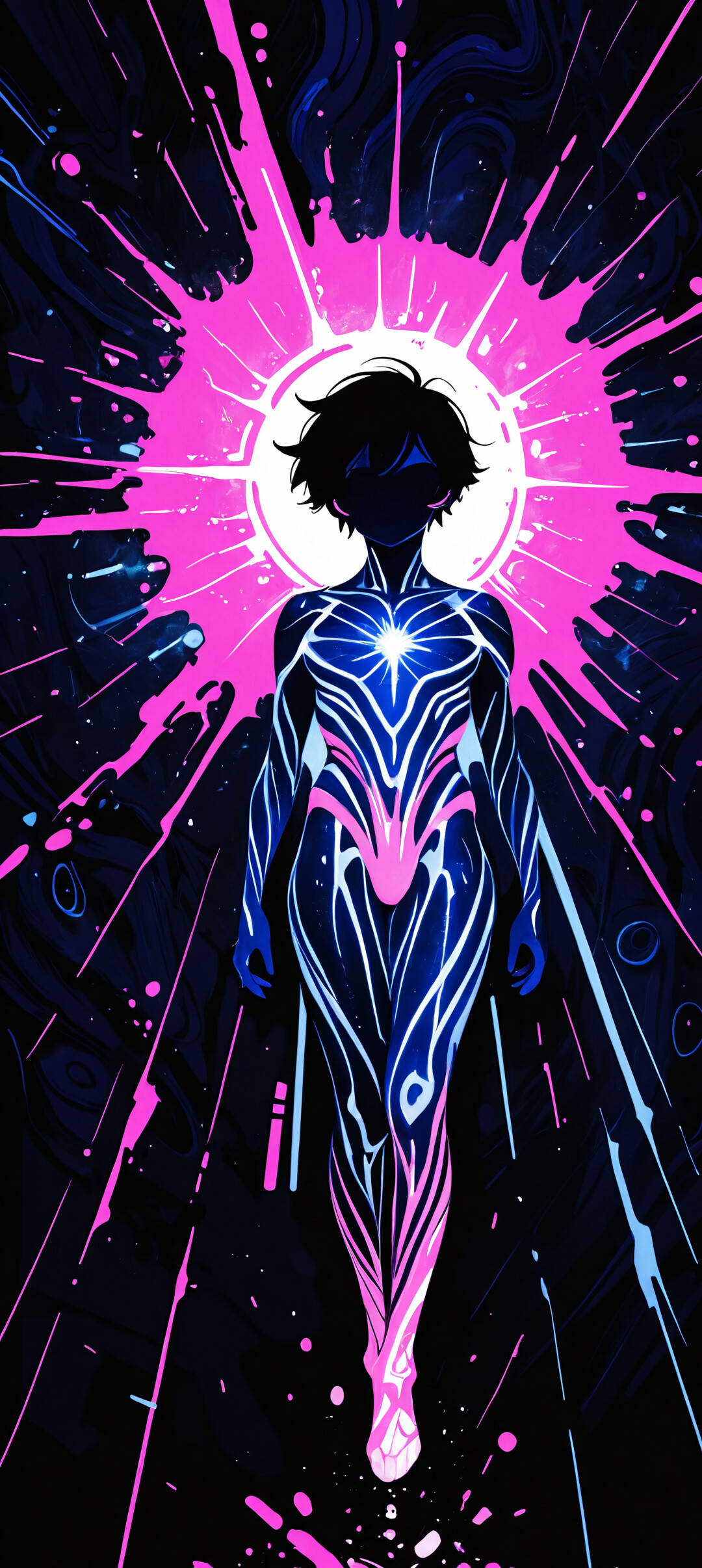 A digital art portrait of an androgynous figure with short, messy pink hair and glowing pink eyes. Their body is a glossy blue, covered in a network of glowing pink lines resembling circuits, set against a black background.