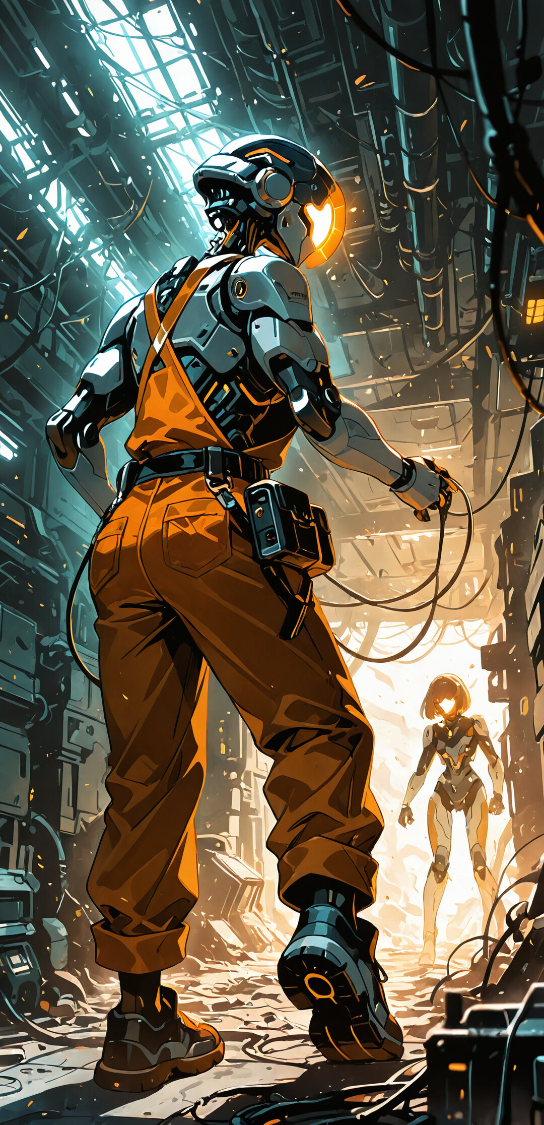 An anime-style illustration of a muscular female android in orange overalls and a helmet with glowing orange eyes, repairing machinery in a complex sci-fi corridor, with bright sparks emitting from her hand.