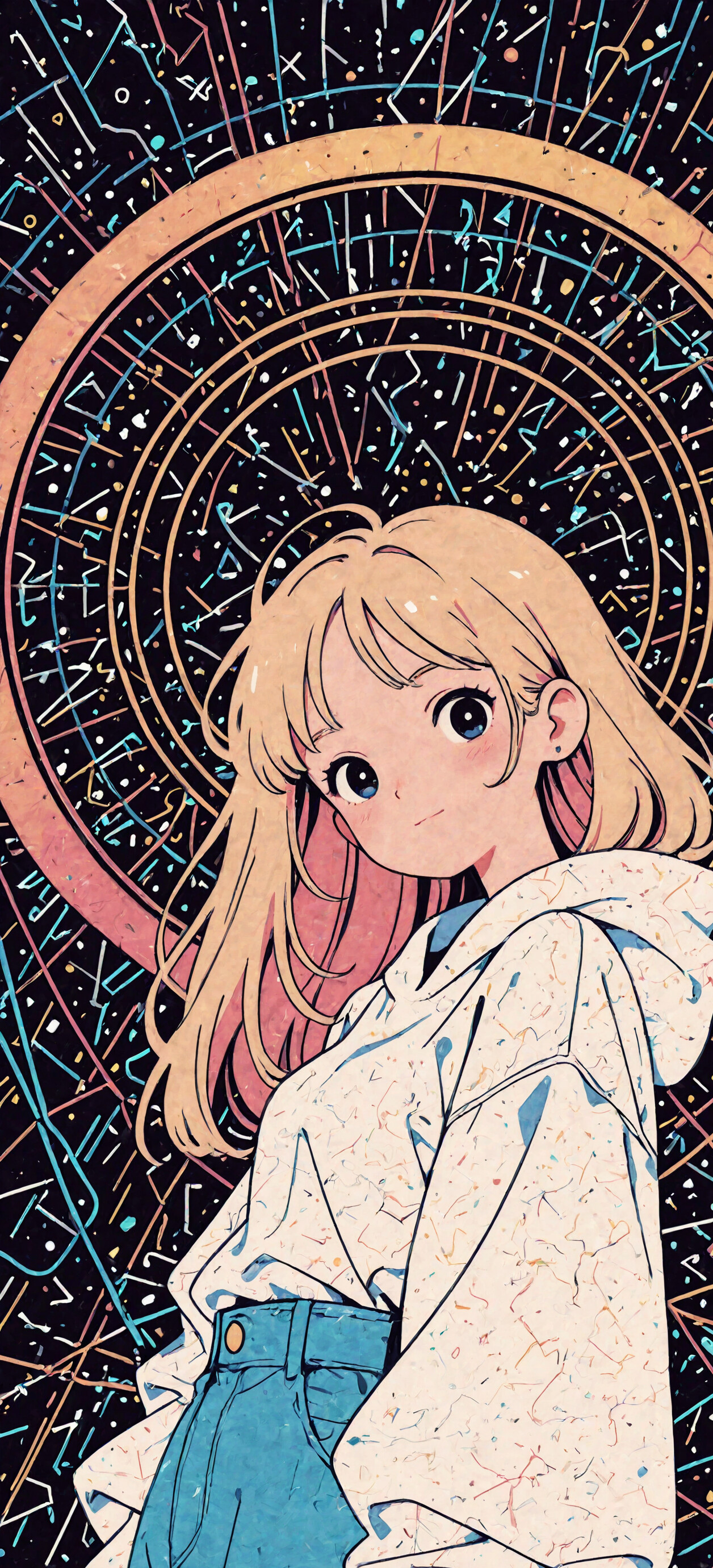 An anime-style illustration of a young woman with blonde hair and an eyepatch, wearing a white hoodie and jeans, standing before a futuristic background with a golden ring and glowing circuits.