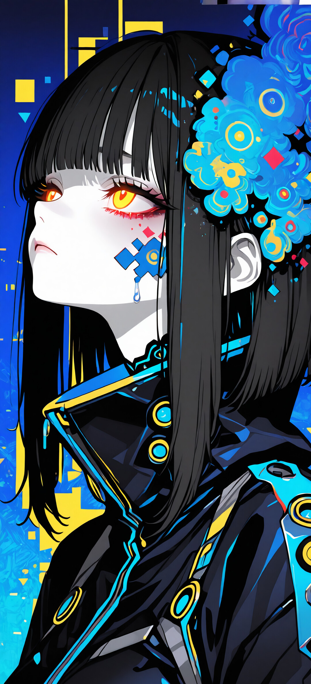 A stylized anime portrait of a cyberpunk woman with short black hair and glowing yellow eyes, looking up. She has a colorful glitch-art hairpiece and black geometric cybernetic details on her face and neck, set against a vibrant blue digital background.
