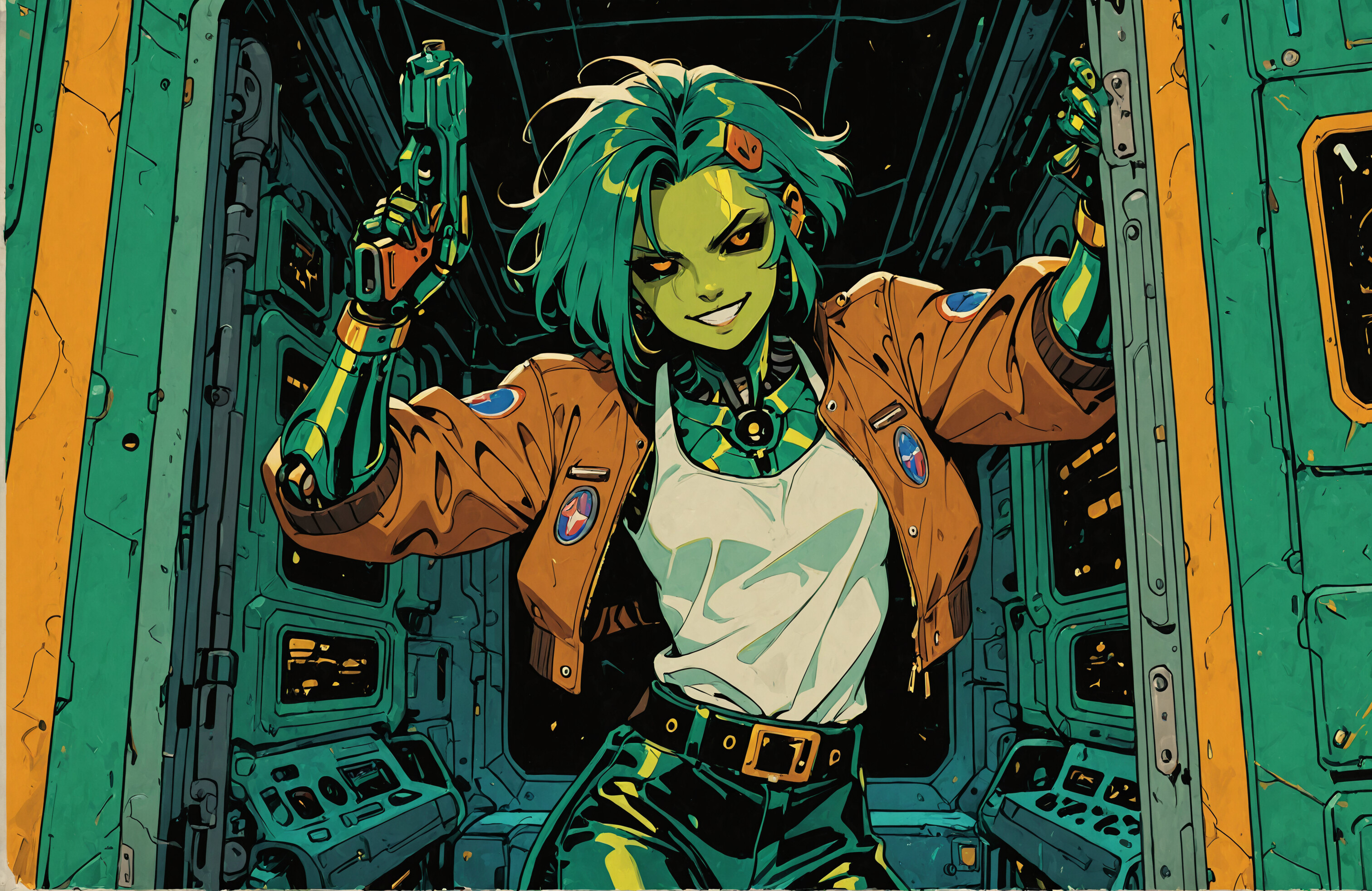 A female cyborg with short green hair and green skin, wearing a brown bomber jacket and black pants, smiles as she poses in a spaceship doorway holding a sci-fi pistol.