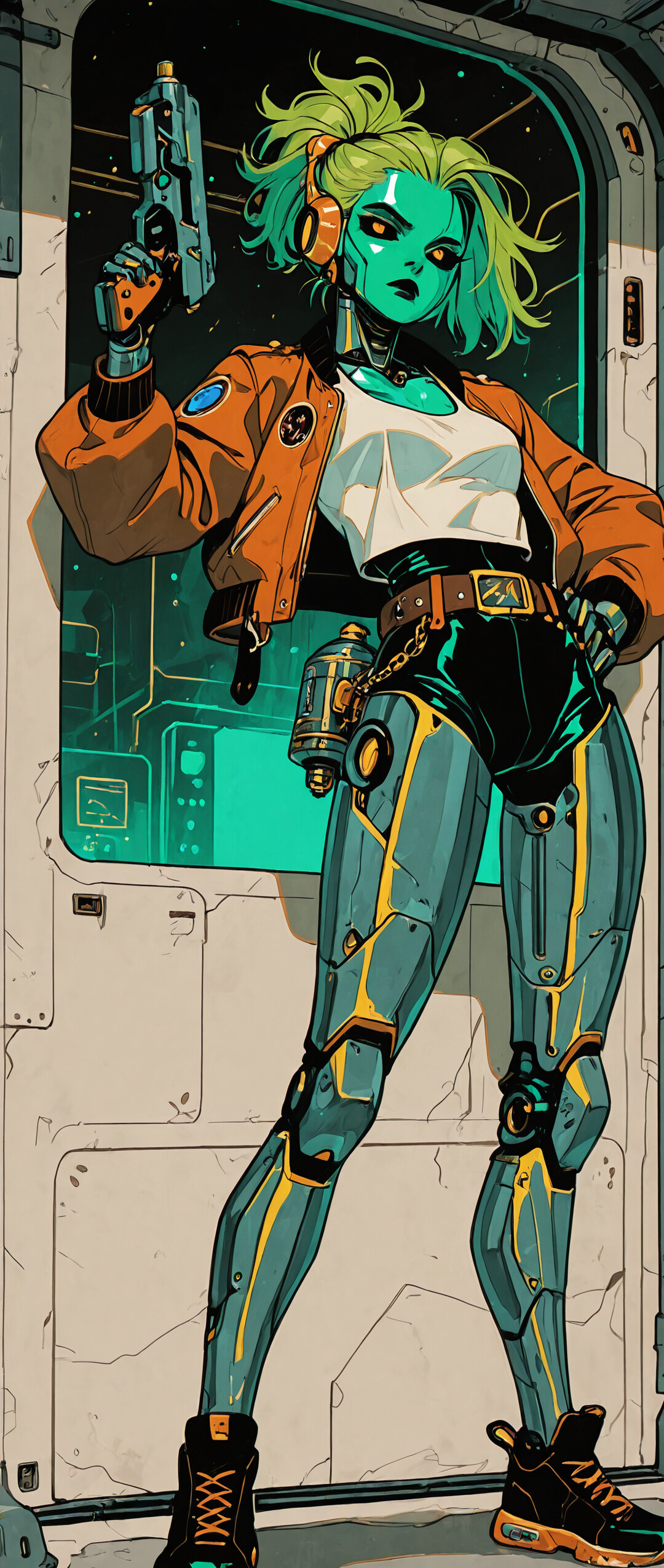 An anime-style illustration of a female android with short green hair and a metallic body, wearing a brown bomber jacket and holding a pistol while standing in a spaceship doorway.