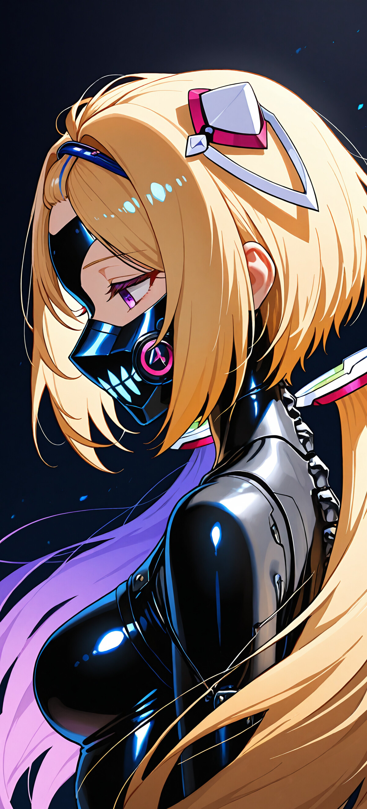 An anime-style illustration of the VTuber Aki Rosenthal in a cyberpunk setting. She has blonde hair in low twintails and wears a glowing black cybersuit and a mechanical mask. She is shown in profile, looking down, against a dark background with cables.