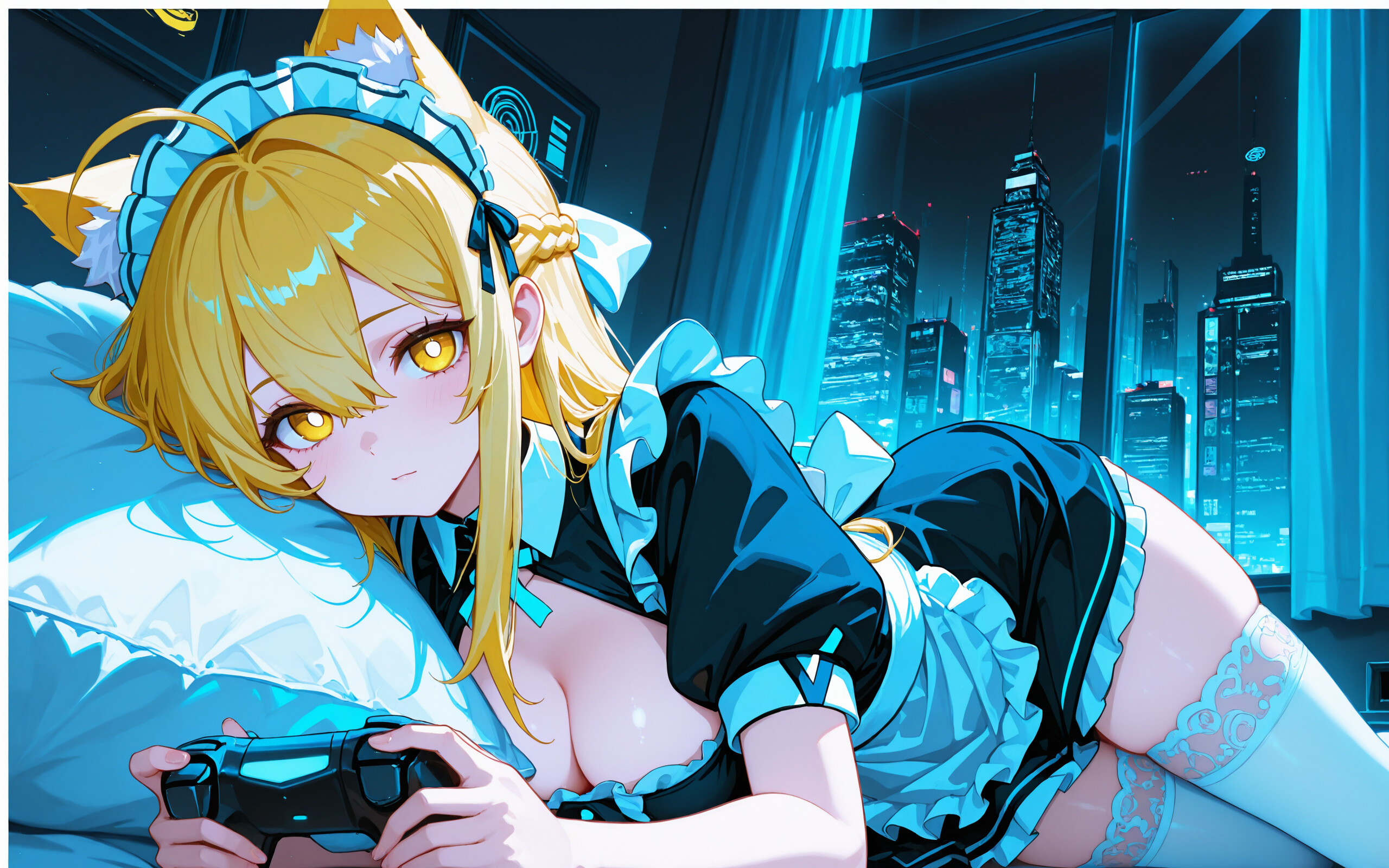 An anime cat girl with long blonde hair and yellow eyes, dressed in a black and white cyberpunk maid outfit, sitting in a dark room with a neon city visible through the window behind her.