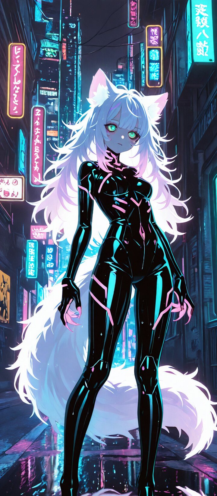 An anime-style catgirl with long white hair, a fluffy tail, and glowing green eyes, wearing a black cyberpunk bodysuit with pink details, stands in a rainy city alley at night surrounded by neon signs.