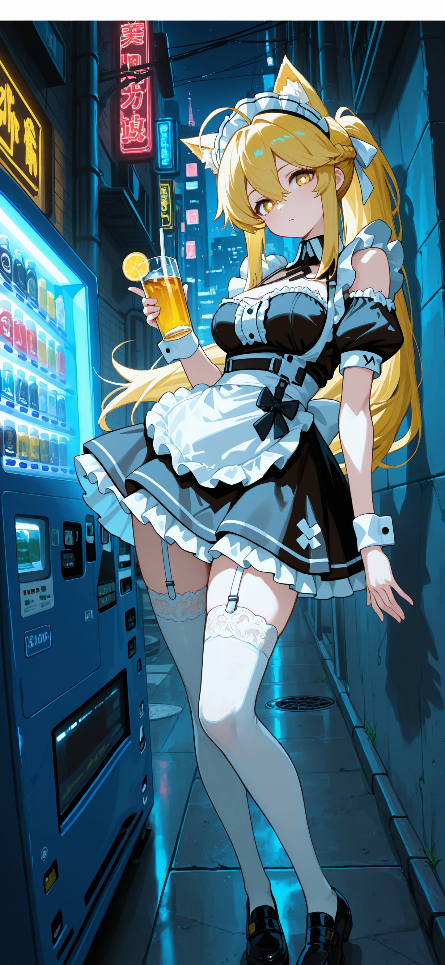 A full-body illustration of a blonde catgirl in a futuristic black and white maid outfit, walking down a neon-lit city alley at night between vending machines while holding a red drink.