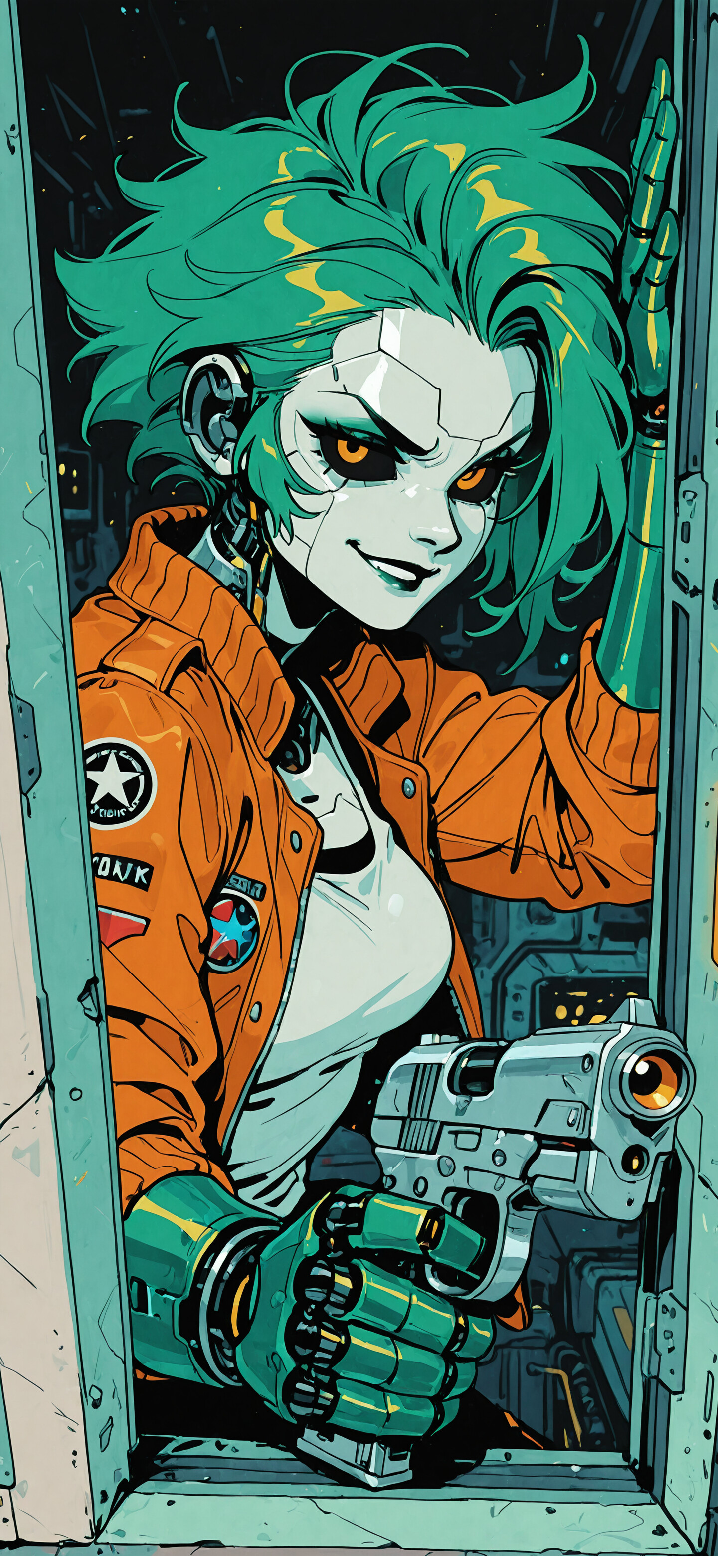 A close-up illustration of a female cyborg with short green hair and glowing orange eyes. She is smirking and holding a large silver pistol while wearing an orange bomber jacket. She stands in a futuristic, metallic doorway.