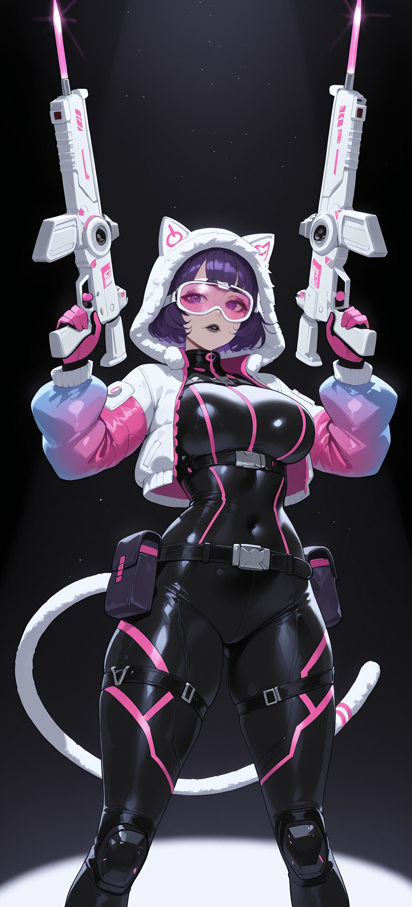 A female anime character with short purple hair, cat ears, and a tail, dressed in a futuristic purple, white, and black outfit. She is holding two laser guns and looking directly at the viewer against a dark background with spotlights.