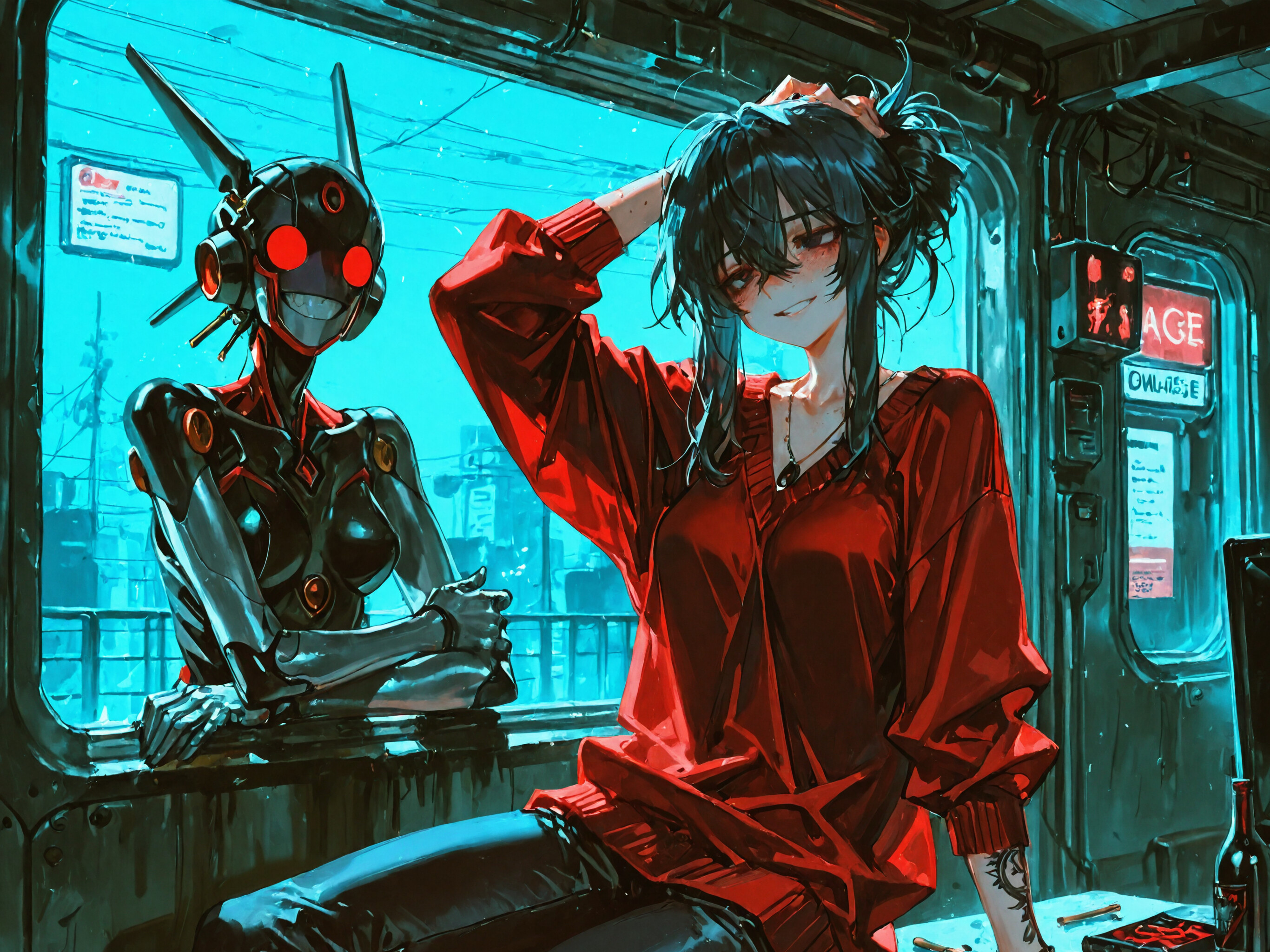 A digital illustration of Naomi Misora from Death Note as a cyborg in a cyberpunk setting. She has black hair and freckles, and is smiling while tying her hair up. The background is filled with bright blue neon lights.