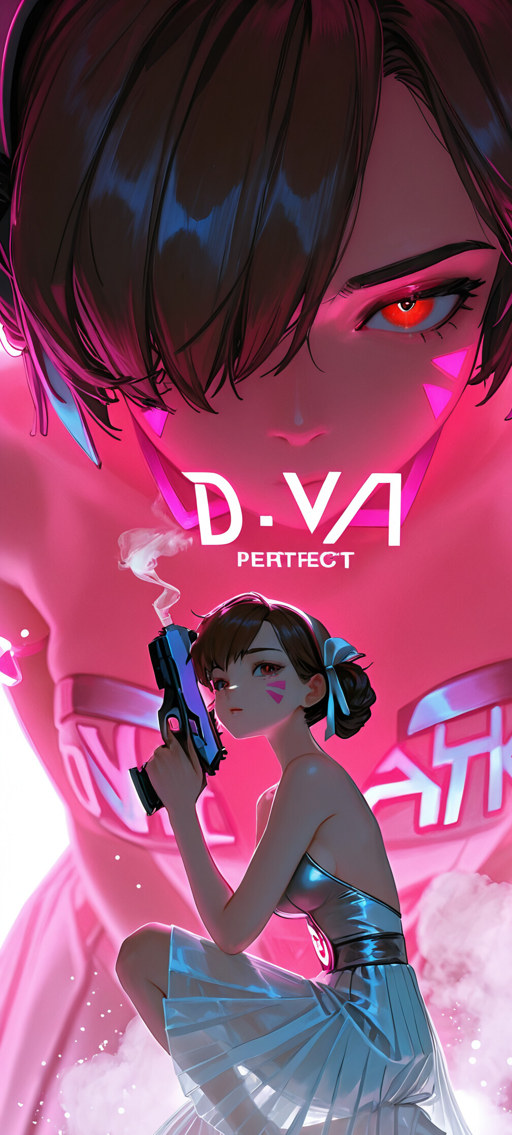 D.Va from Overwatch in a crouching pose, wearing a silver dress and holding a handgun against a stylish pink and white background.