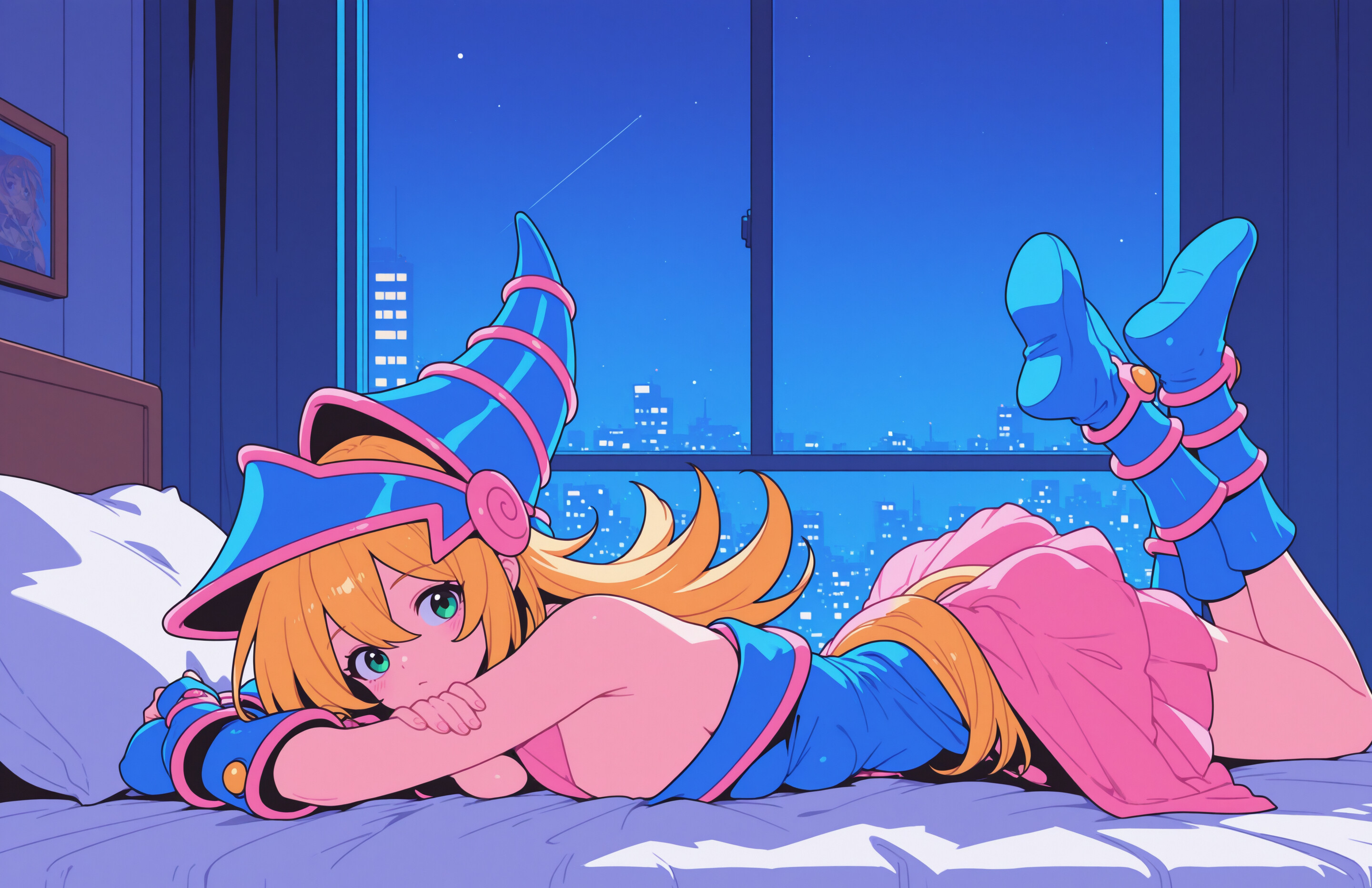 Dark Magician Girl from Yu-Gi-Oh! in her signature blue and pink outfit, lying on her stomach on a bed in a high-rise apartment, with a nighttime city skyline and a shooting star visible through the window.