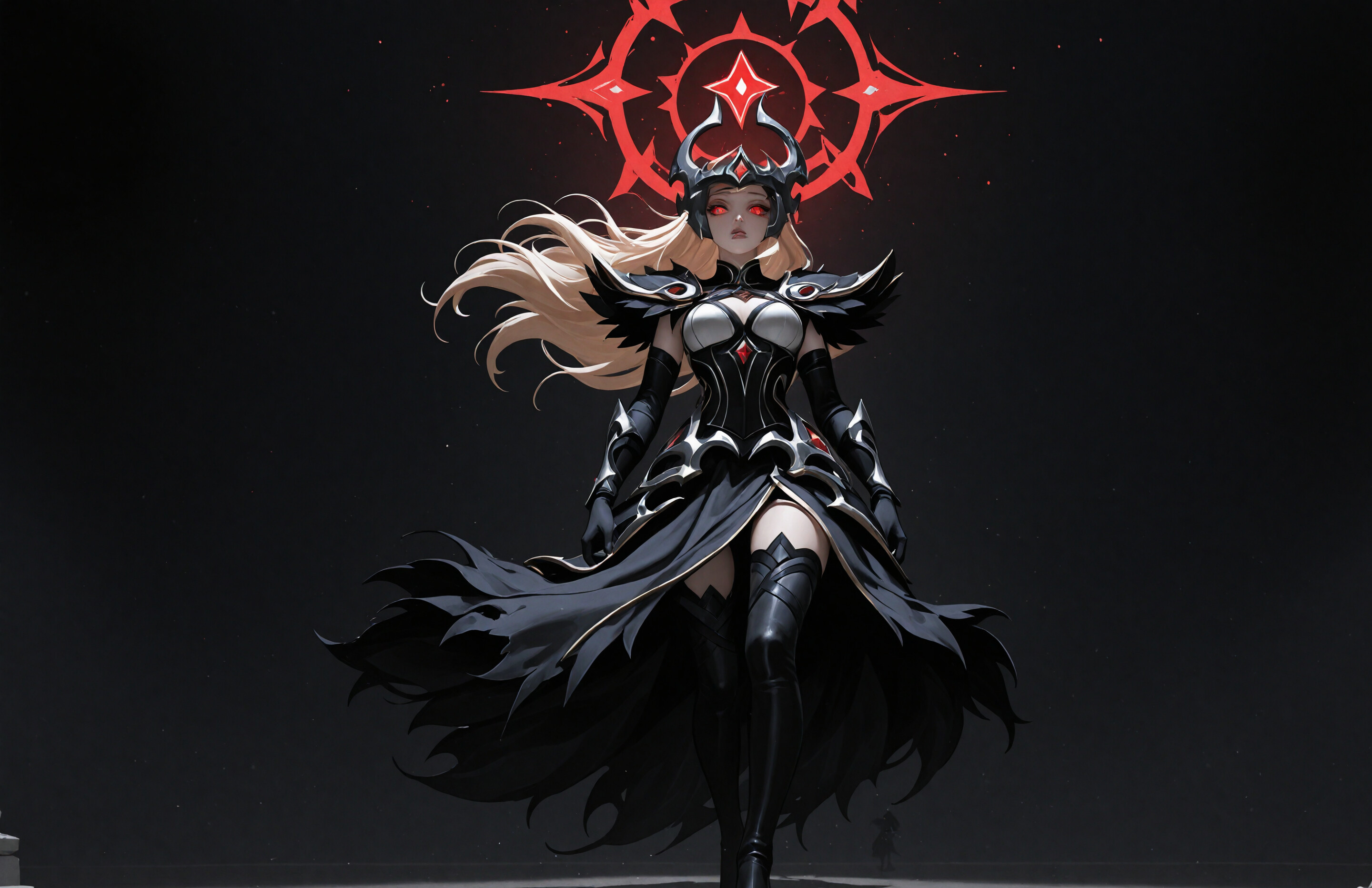 A full-body illustration of a female fantasy character, Syndra from League of Legends, with long blonde hair, glowing red eyes, and a dark crown. She is wearing ornate black and silver armor and stands before a glowing red sigil in a dark environment.