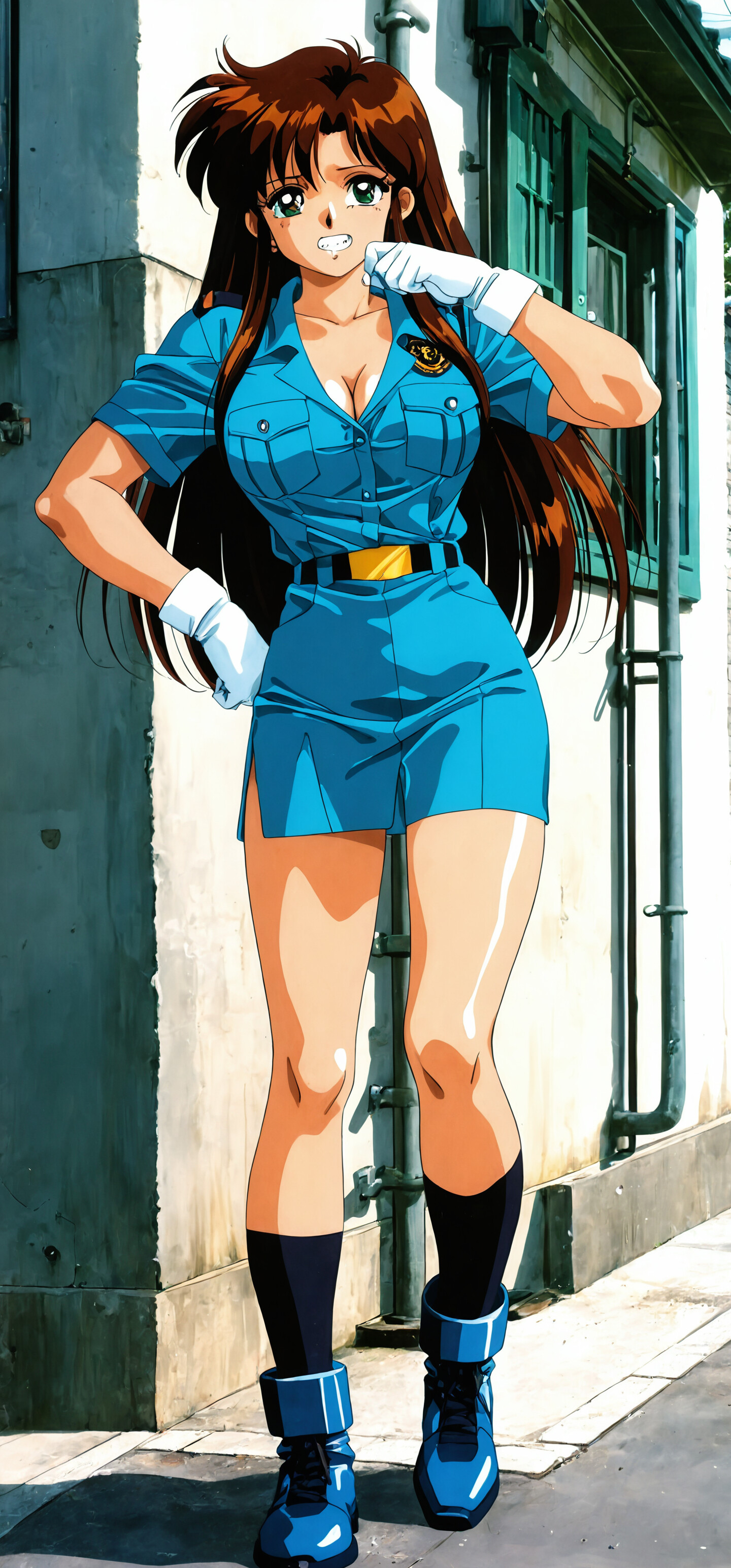 A 90s-style anime illustration of Natsumi Tsujimoto from 'You're Under Arrest' standing in a gritty urban alley. She is wearing her blue police uniform, has messy brown hair, green eyes, and a determined expression with small fangs.