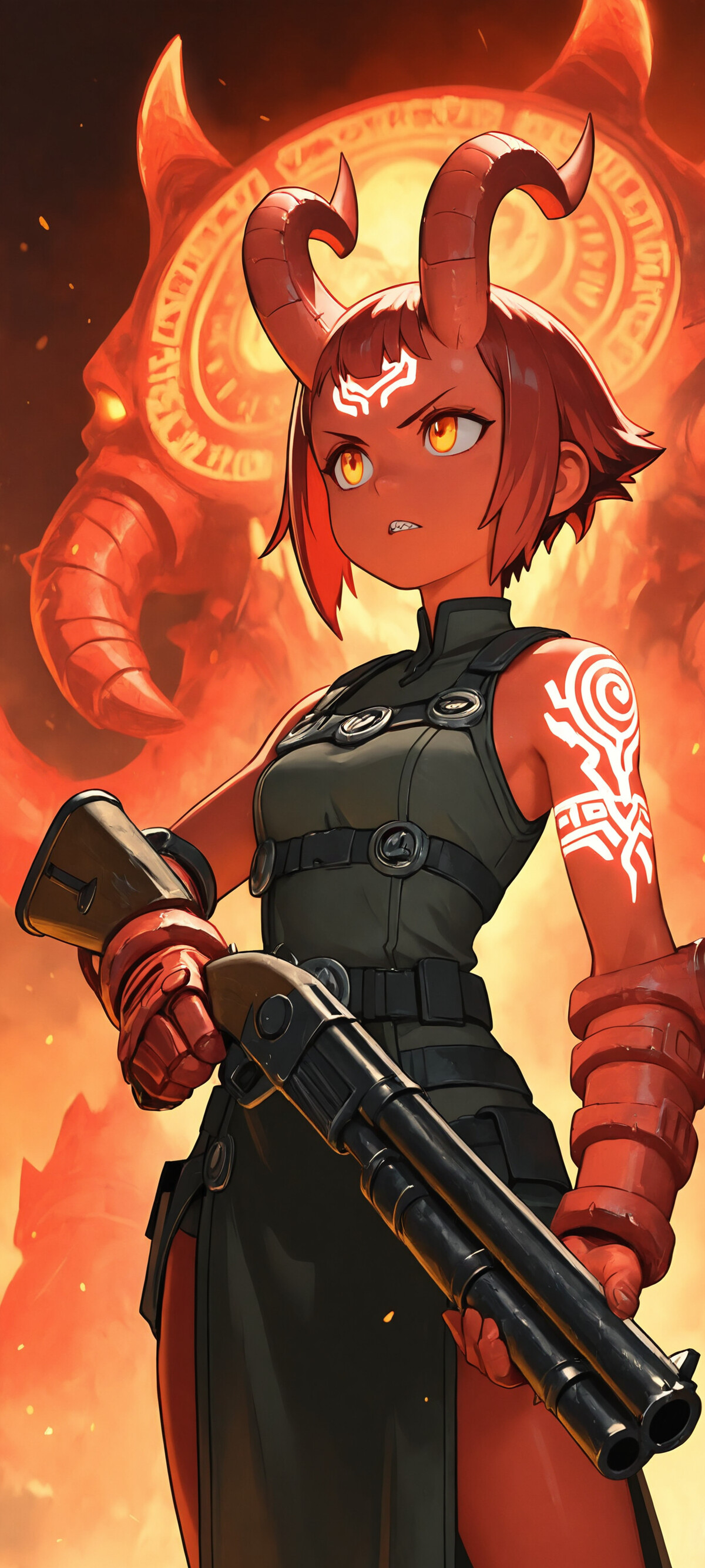 A devil girl with horns and glowing tattoos, holding double-barrel shotguns, tactical gear, fiery background, demonic creatures.