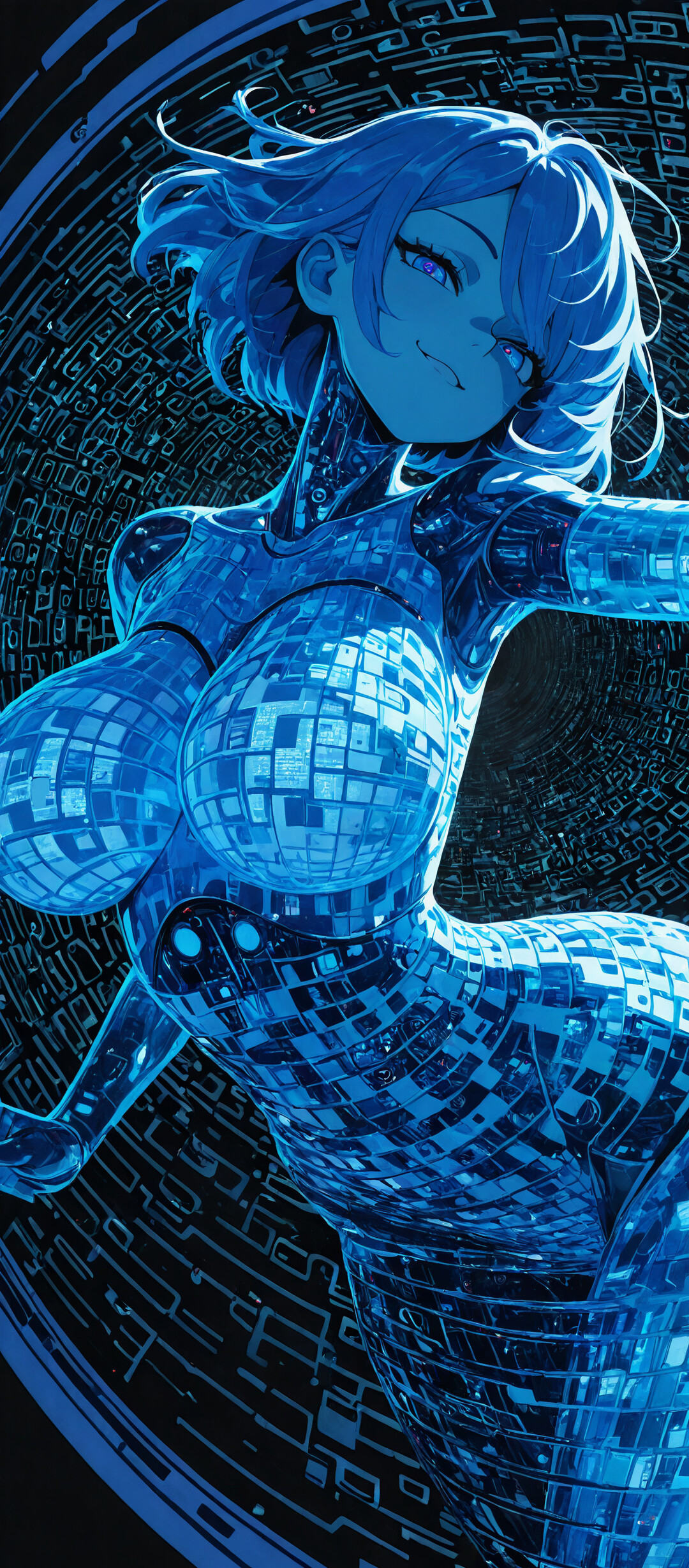 A blue-skinned, translucent female android with large blue eyes and a smirk, set against a dark background of swirling, concentric circles of glowing blue binary code.