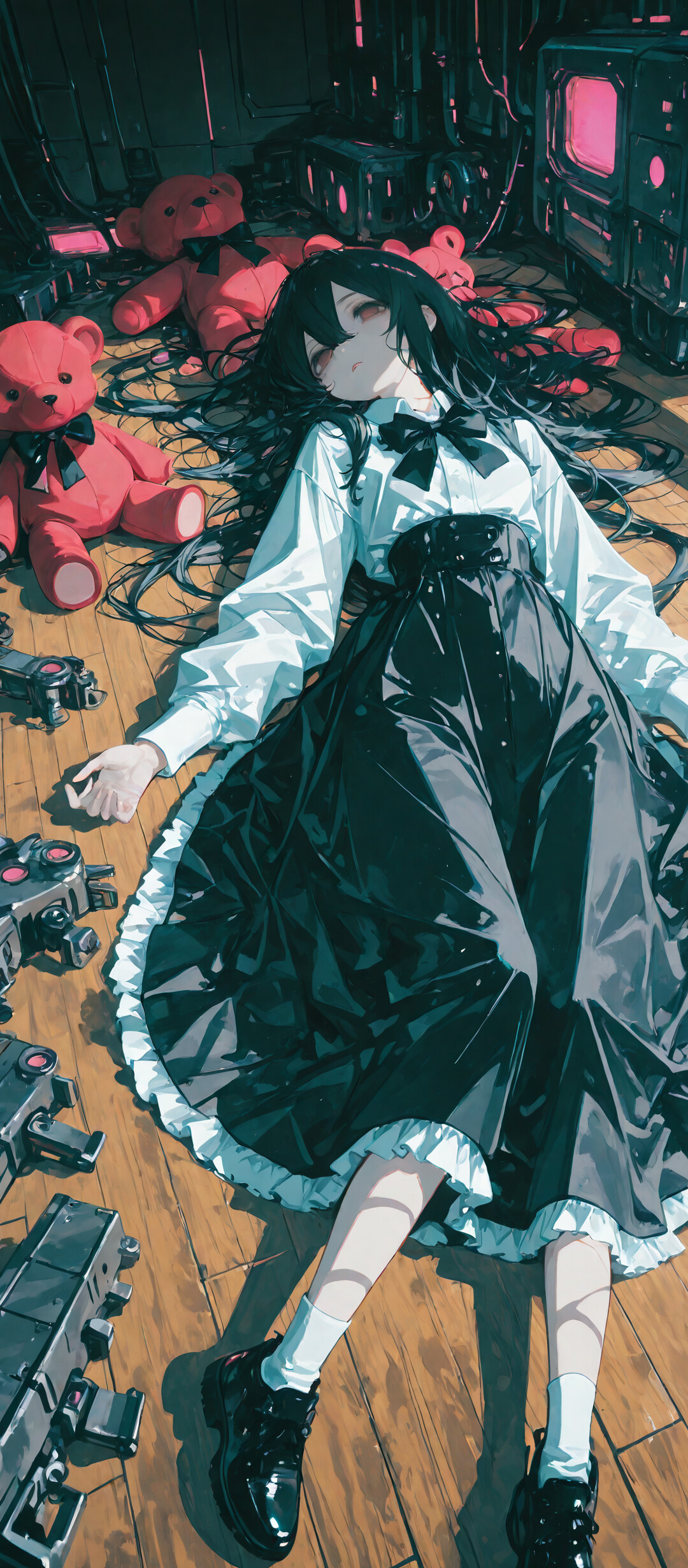 A high-angle view of an anime girl with long black hair lying on a wooden floor in a sci-fi room. She wears a white shirt and black skirt, and is surrounded by machinery with glowing red screens and a small teddy bear.