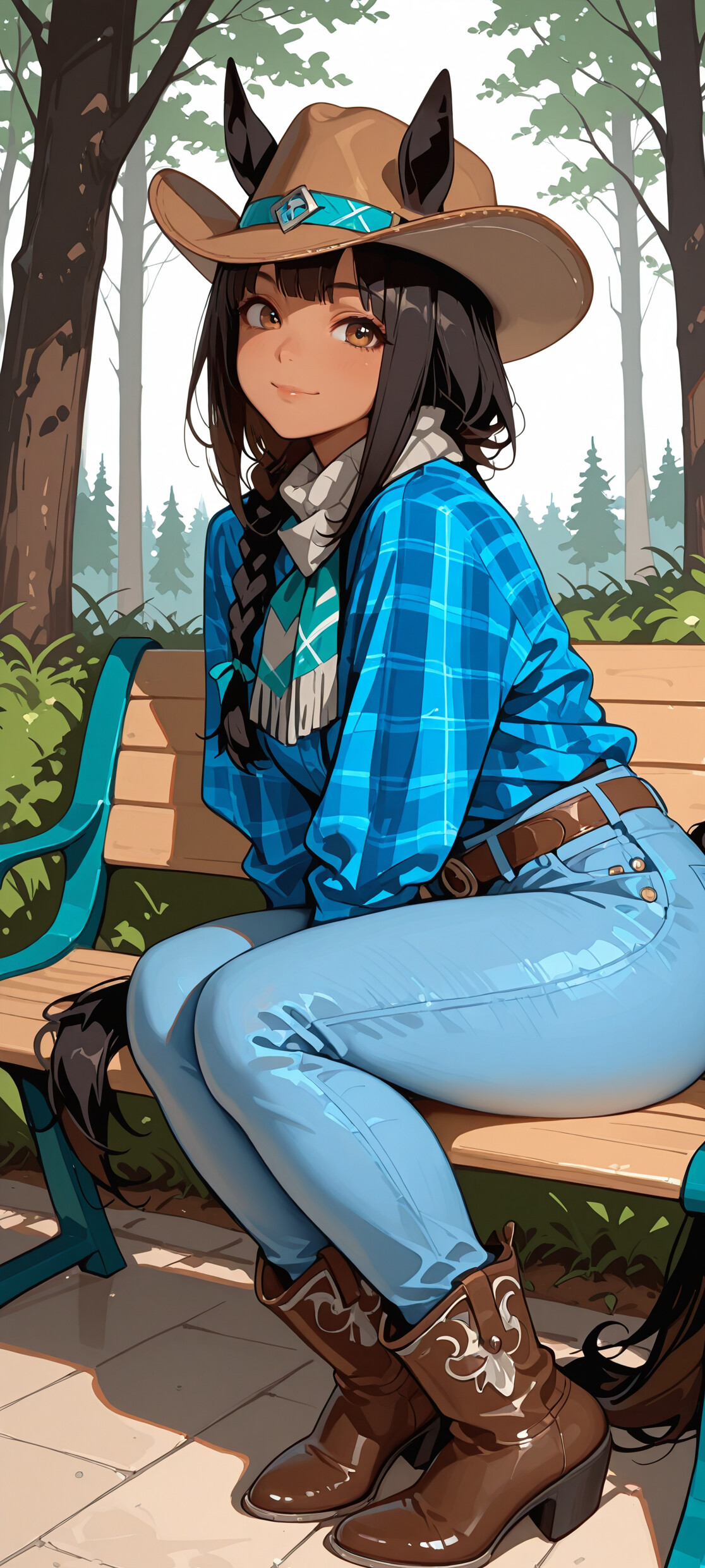 An anime-style horse girl with tanned skin and a cowboy hat, identified as El Condor Pasa, sitting on a park bench in a forest. She is wearing a plaid shirt and jeans, smiling warmly at the viewer.