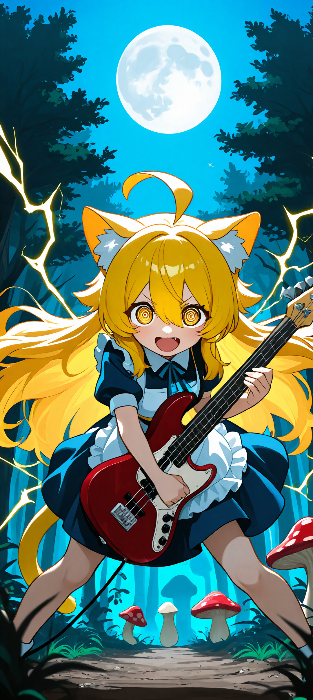 An anime cat girl with long blonde hair and yellow spiral eyes, wearing a blue Alice-style dress, plays a red bass guitar in a dark forest under a full moon, surrounded by giant mushrooms and electricity.