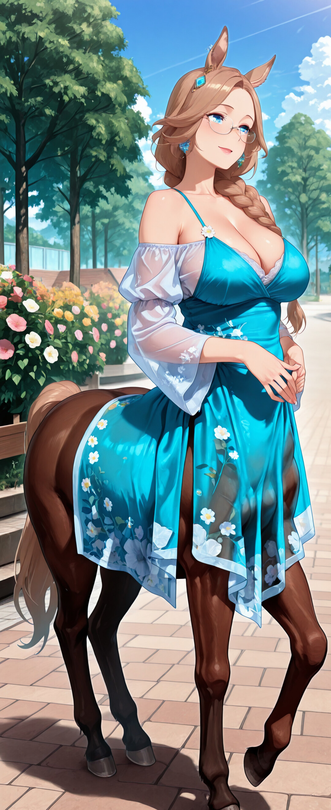 A full-body illustration of a female centaur with light brown braided hair and glasses, wearing a flowing blue dress. She is smiling and standing on a sidewalk next to a garden in a suburban setting.