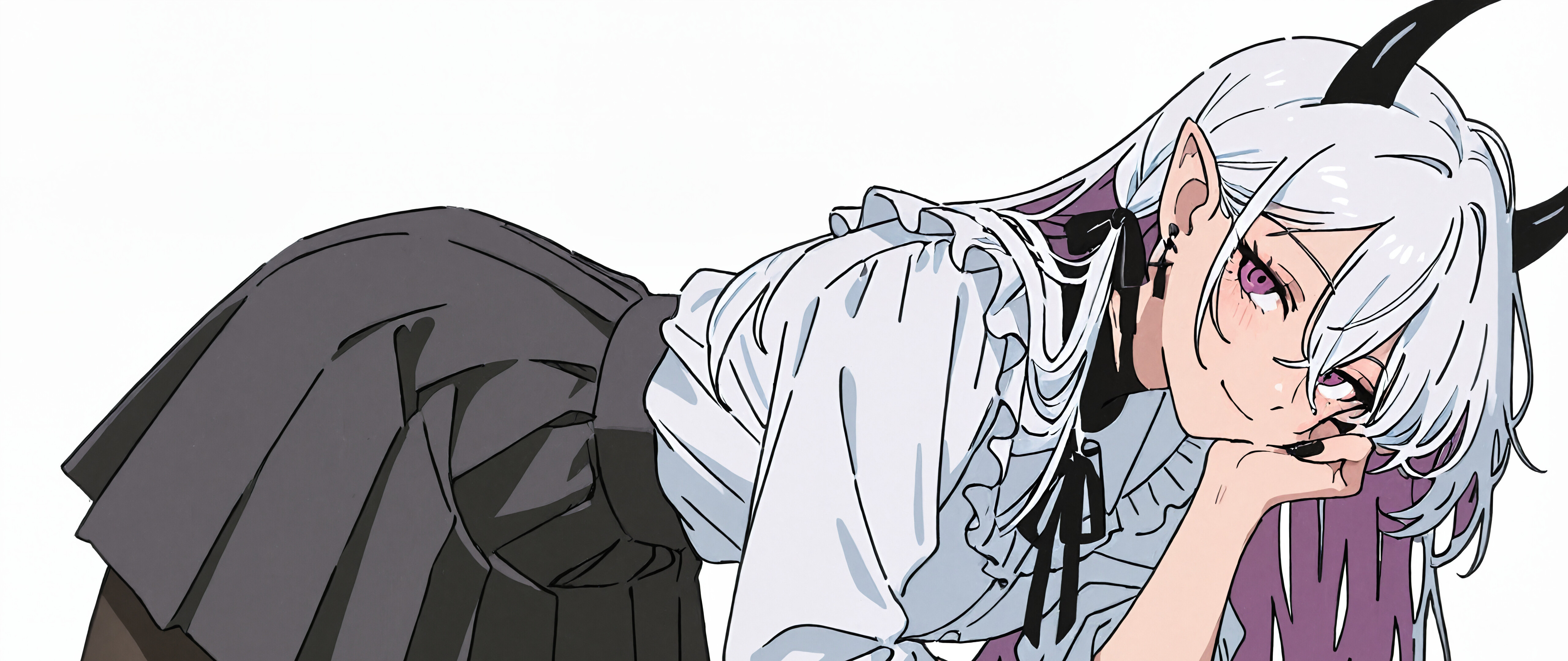 An anime-style illustration of a demon girl with long white hair, purple eyes, and black horns. She is wearing a white frilled shirt, a black pleated skirt, and a black choker, smiling softly against a dark grey wall.