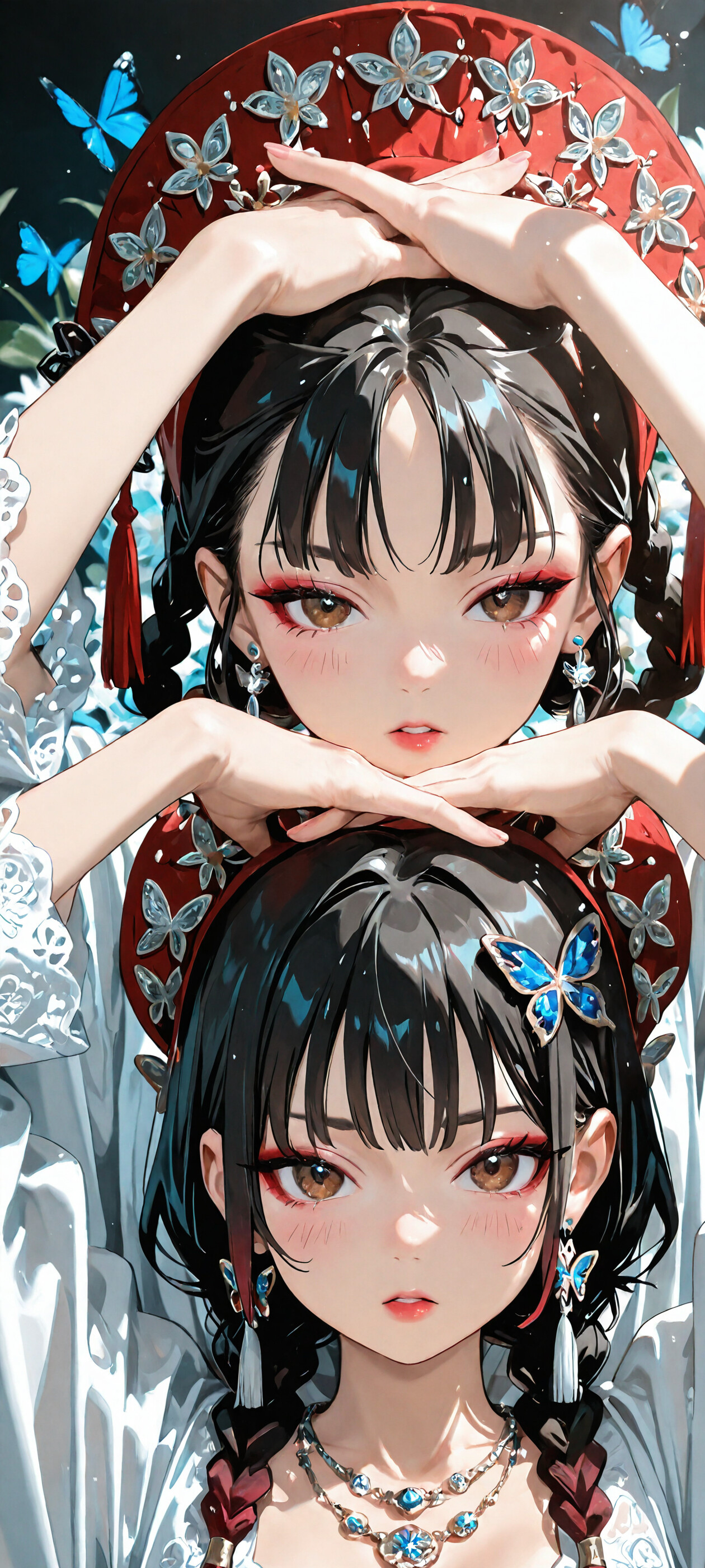 An anime-style portrait of a young woman with black braided hair and brown eyes, wearing a red headdress with blue butterfly ornaments, a white traditional dress, and looking directly at the viewer against a soft, butterfly-filled background.