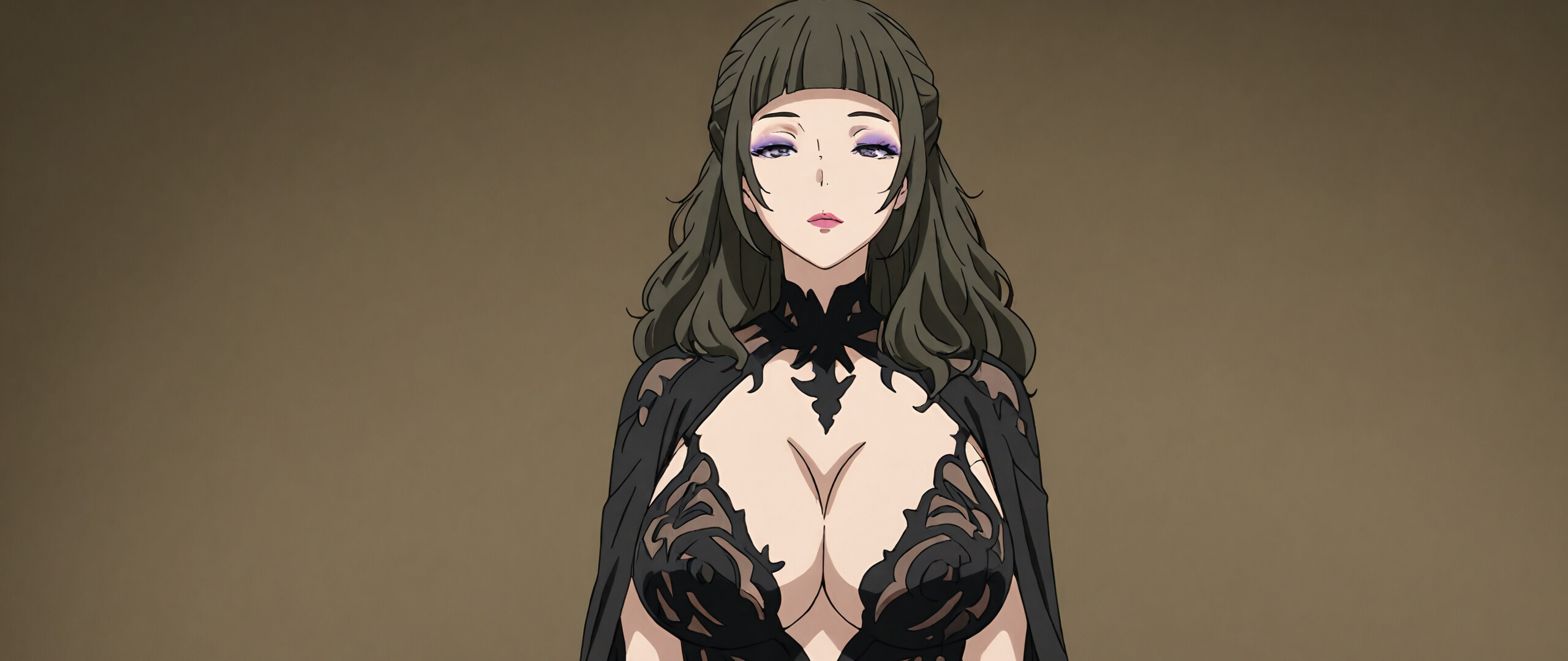 An anime-style illustration of a mature woman with dark hair and purple eyeshadow, wearing an intricate and revealing black filigree dress with a matching cape, looking directly at the viewer.
