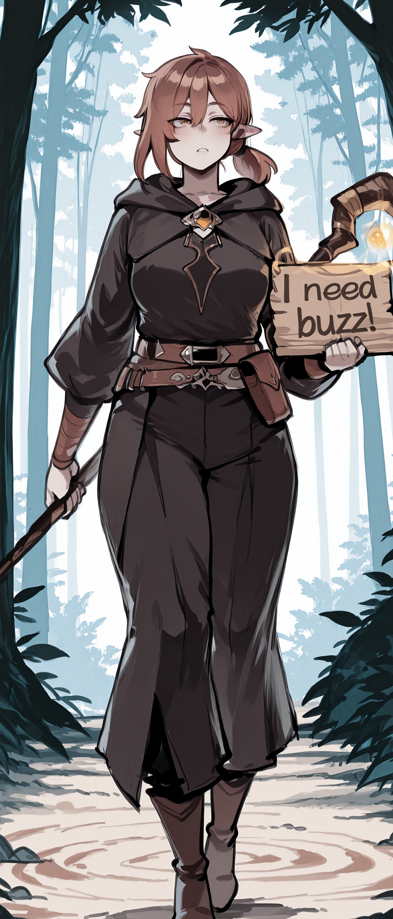 An elf mage with short brown hair wearing a dark hooded outfit stands in a wintery forest, holding a staff in one hand and casting a glowing magic spell with the other.