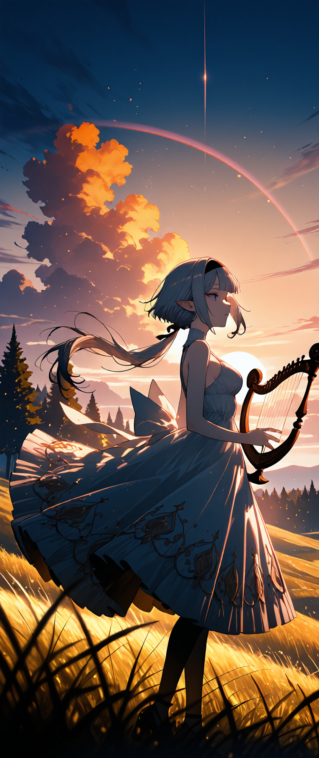 A full-body illustration of an anime-style elf girl with silver hair playing a harp in a grassy field during a sunrise. A large rainbow is visible in the sky behind her.