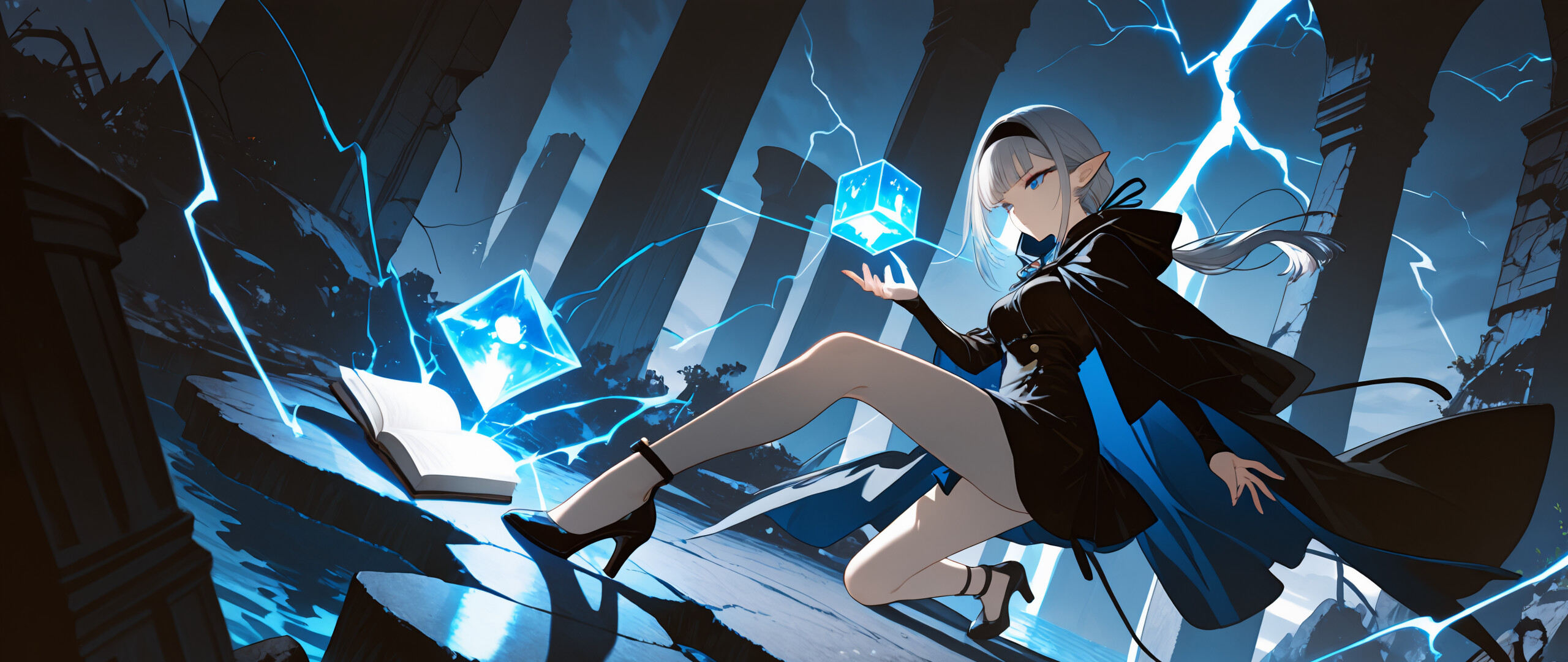 Full-body illustration of a silver-haired elf girl in a dark blue cloak and black outfit, standing in a powerful pose in a ruined landscape. She holds a book and casts a spell on a floating blue cube as lightning strikes in the stormy sky behind her.