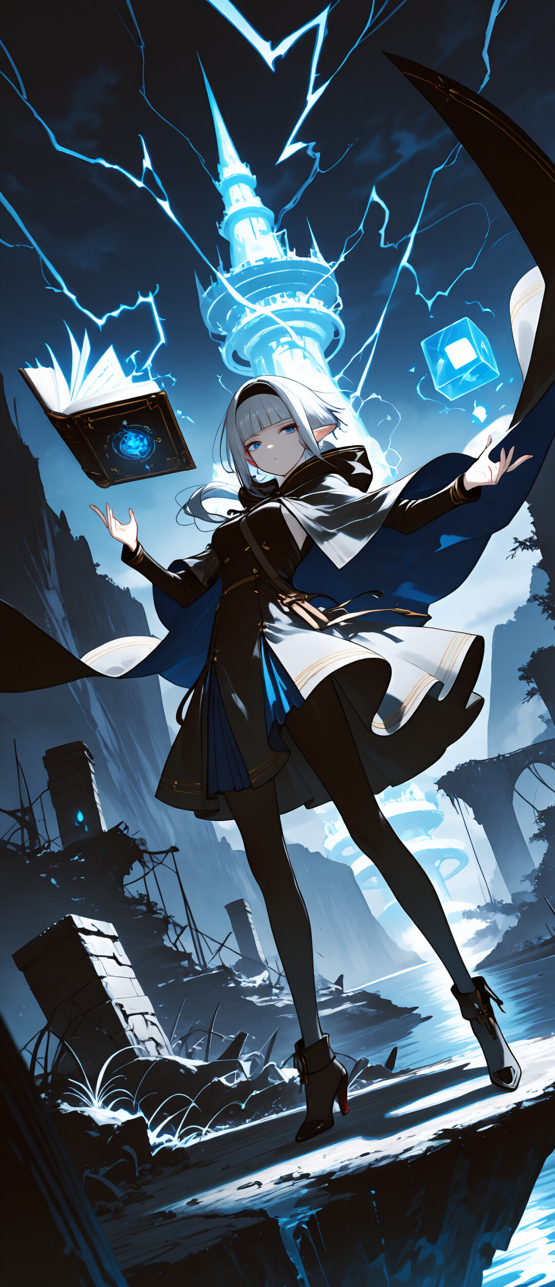 Full-body illustration of a silver-haired elf girl in a dark blue cloak and black outfit, standing in a powerful pose in a ruined landscape. She holds a book and casts a spell on a floating blue cube as lightning strikes in the stormy sky behind her.