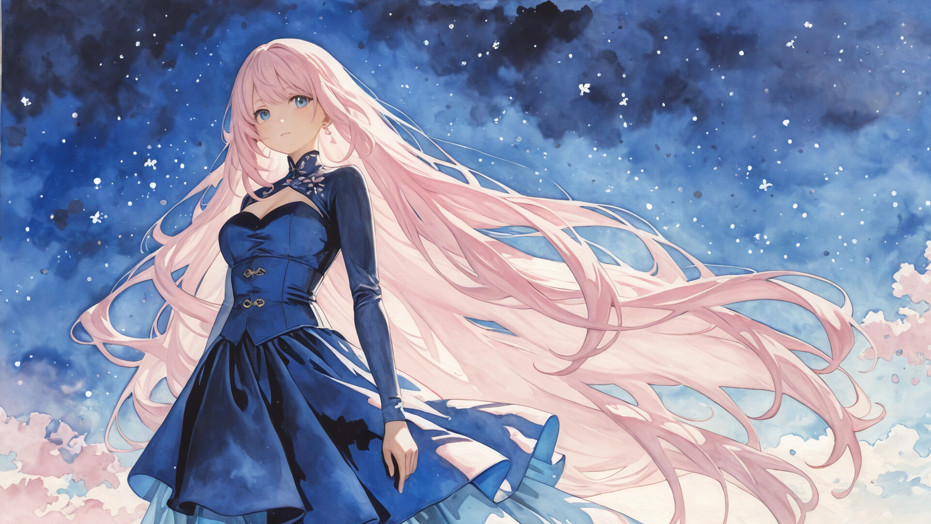 An anime-style illustration of Elysia from Honkai Impact 3rd, a beautiful girl with long pink hair and blue eyes, wearing a flowing light blue dress against a magical, starry night sky.
