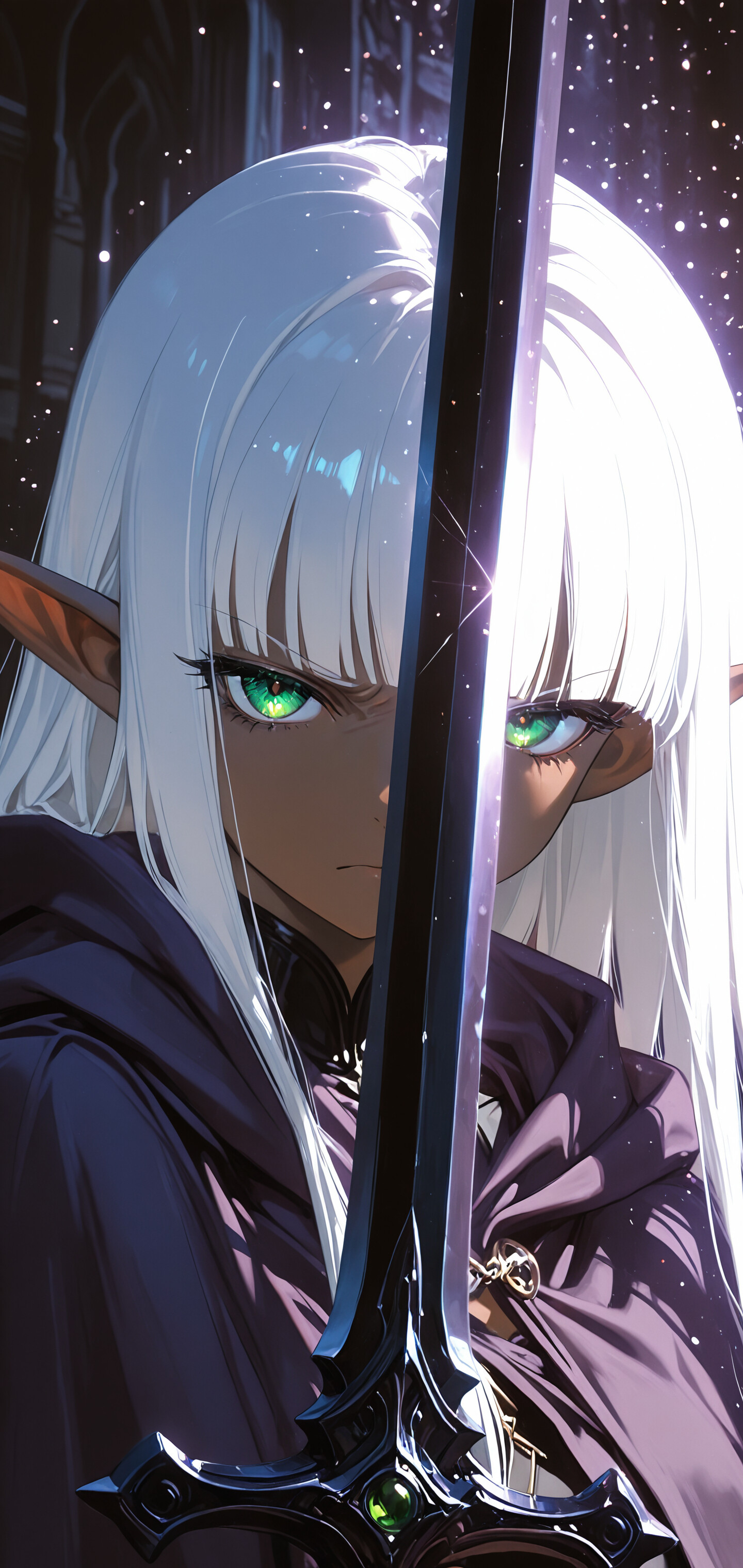 A close-up portrait of a dark-skinned elf with short white hair and vivid green eyes. She holds a large black sword with green gems on the hilt vertically in front of her face, against a starry purple background.