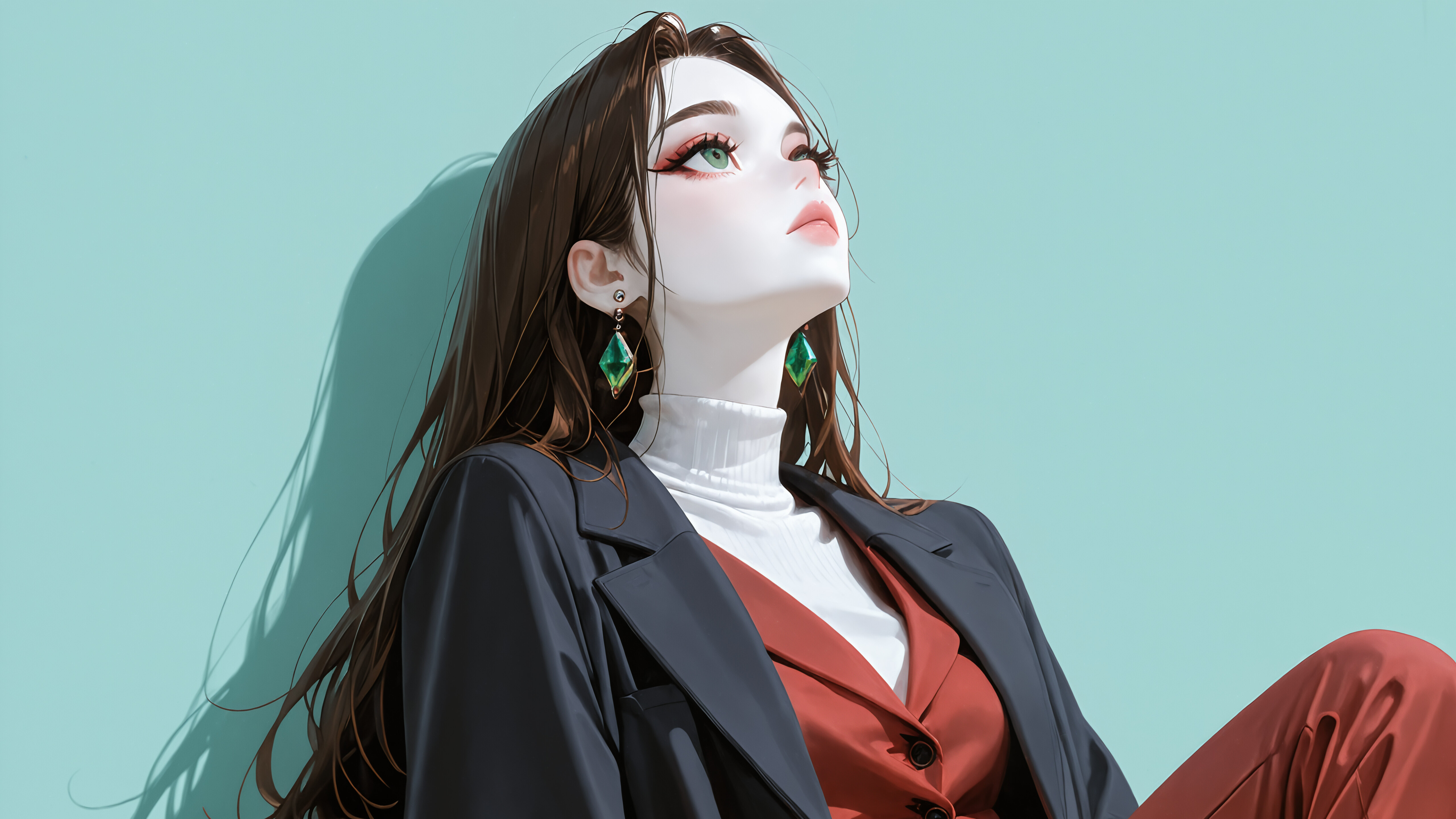 A digital illustration of a stylish young woman with long brown hair and green eyes looking up. She is wearing a white turtleneck, a red blazer, and large emerald earrings against a solid light aqua background.