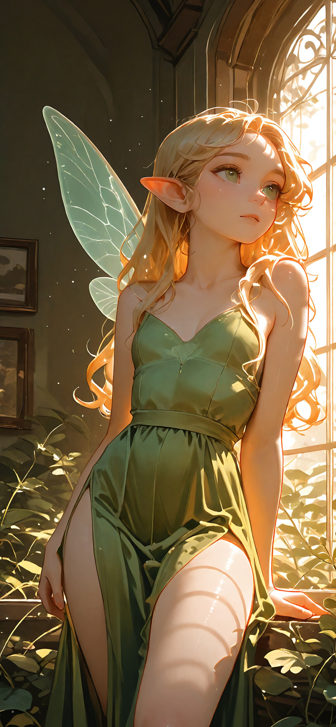 A digital illustration of the fairy Tinker Bell, with blonde hair and a green dress, sitting in the palm of a giant hand in front of a sunlit, arched window.