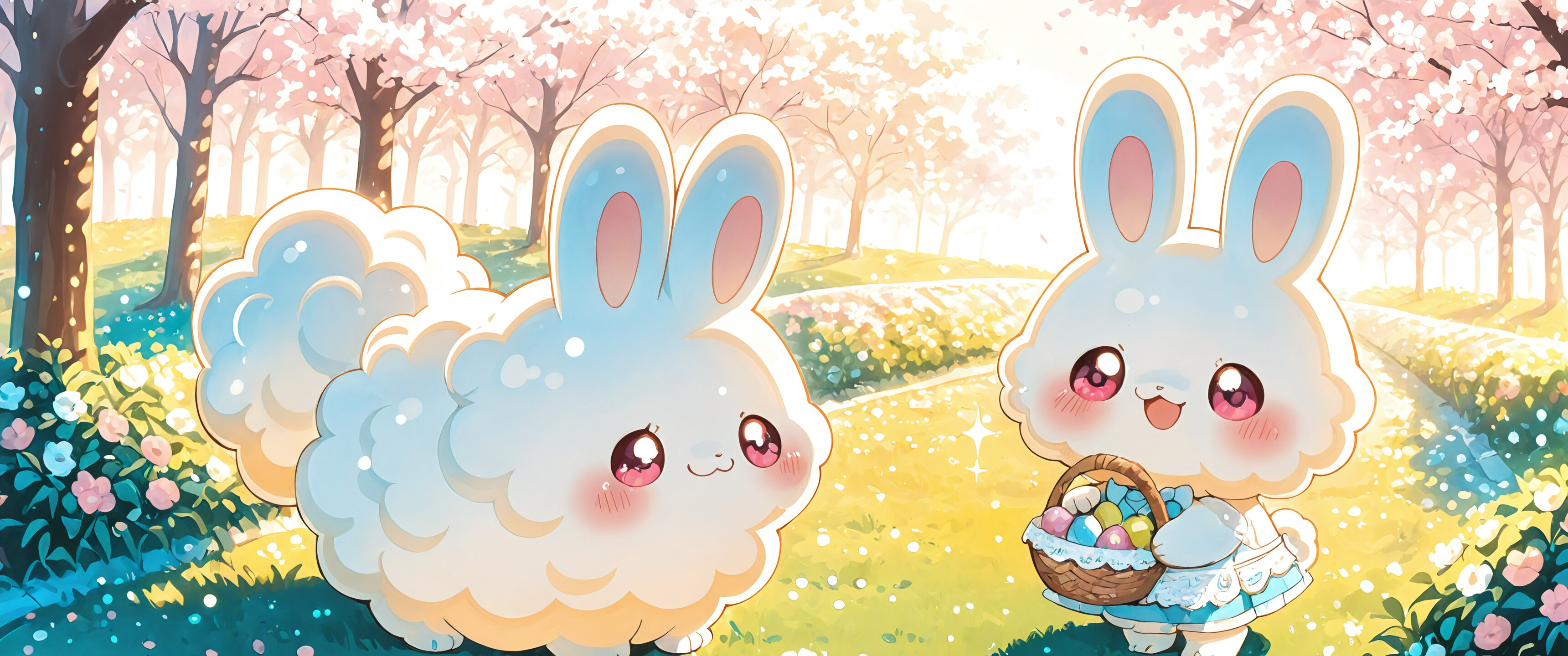 A full-body illustration of a young anime girl with long white hair and fluffy bunny ears, wearing a blue and white Easter dress, holding a basket of colorful eggs in a sunny field of flowers and cherry blossoms.