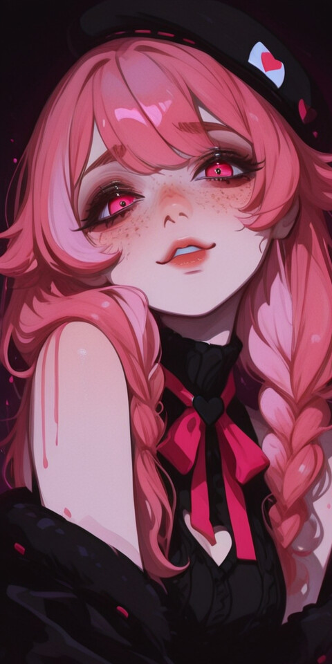 An anime-style illustration of a girl with short pink hair, pink eyes with heart pupils, and freckles. She is wearing a black beret with a heart and a magenta jacket, smiling while resting her chin on her hands and looking forward.