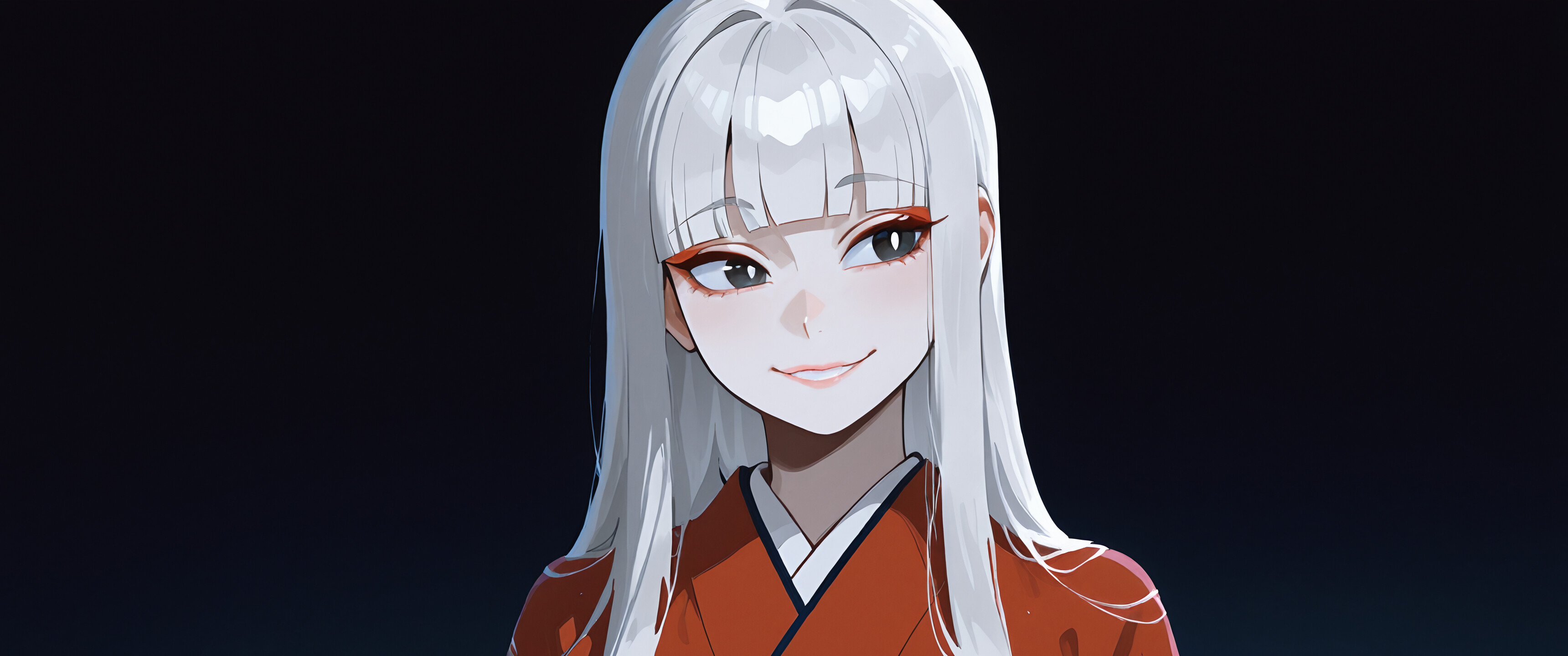 An upper-body portrait of an anime character with long white hair and blunt bangs, wearing a red kimono and smiling mysteriously against a dark night background.